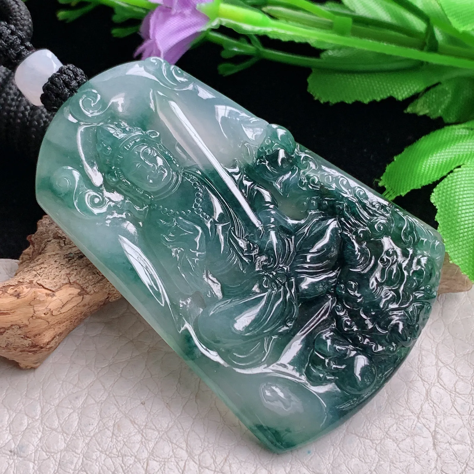 yl实拍63.5*42.8*6缅甸翡翠精雕文殊菩萨 生肖守护神玉吊坠 玉挂坠