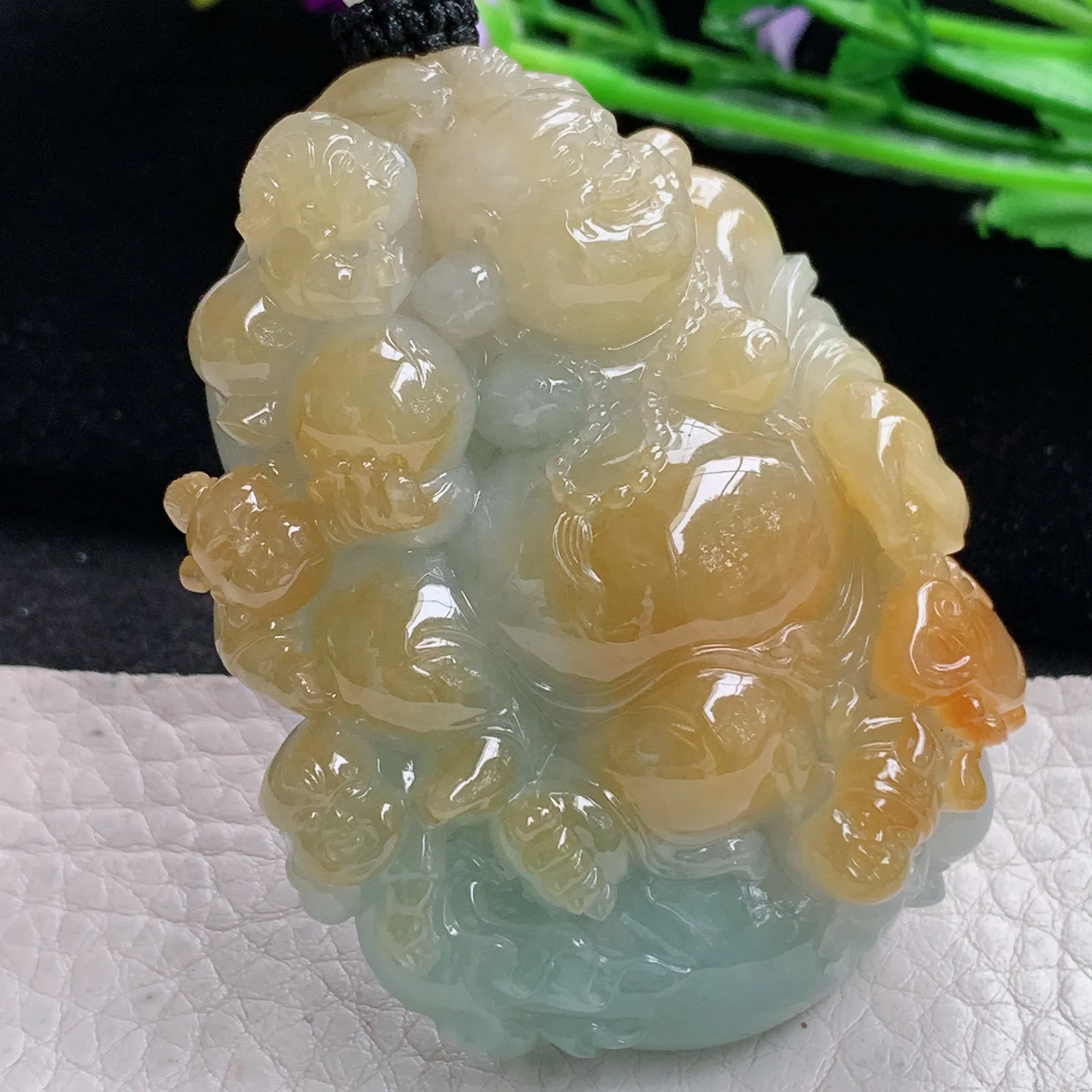 yl实拍60.8*47*19.5缅甸翡翠精雕冰双彩逍遥佛 福上加福玉吊坠 玉挂坠