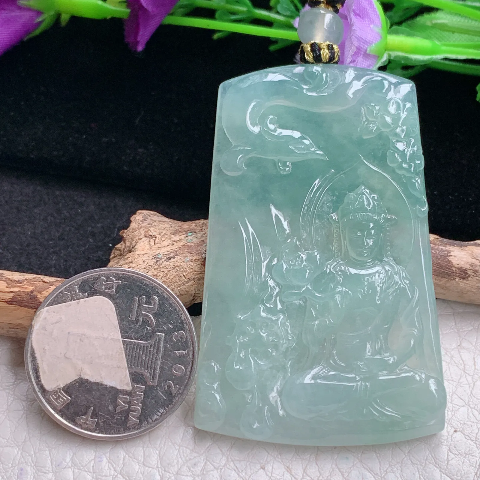 yl实拍56.8*36.5*5.5缅甸翡翠精雕持莲观音 御凤观音玉吊坠 玉挂坠