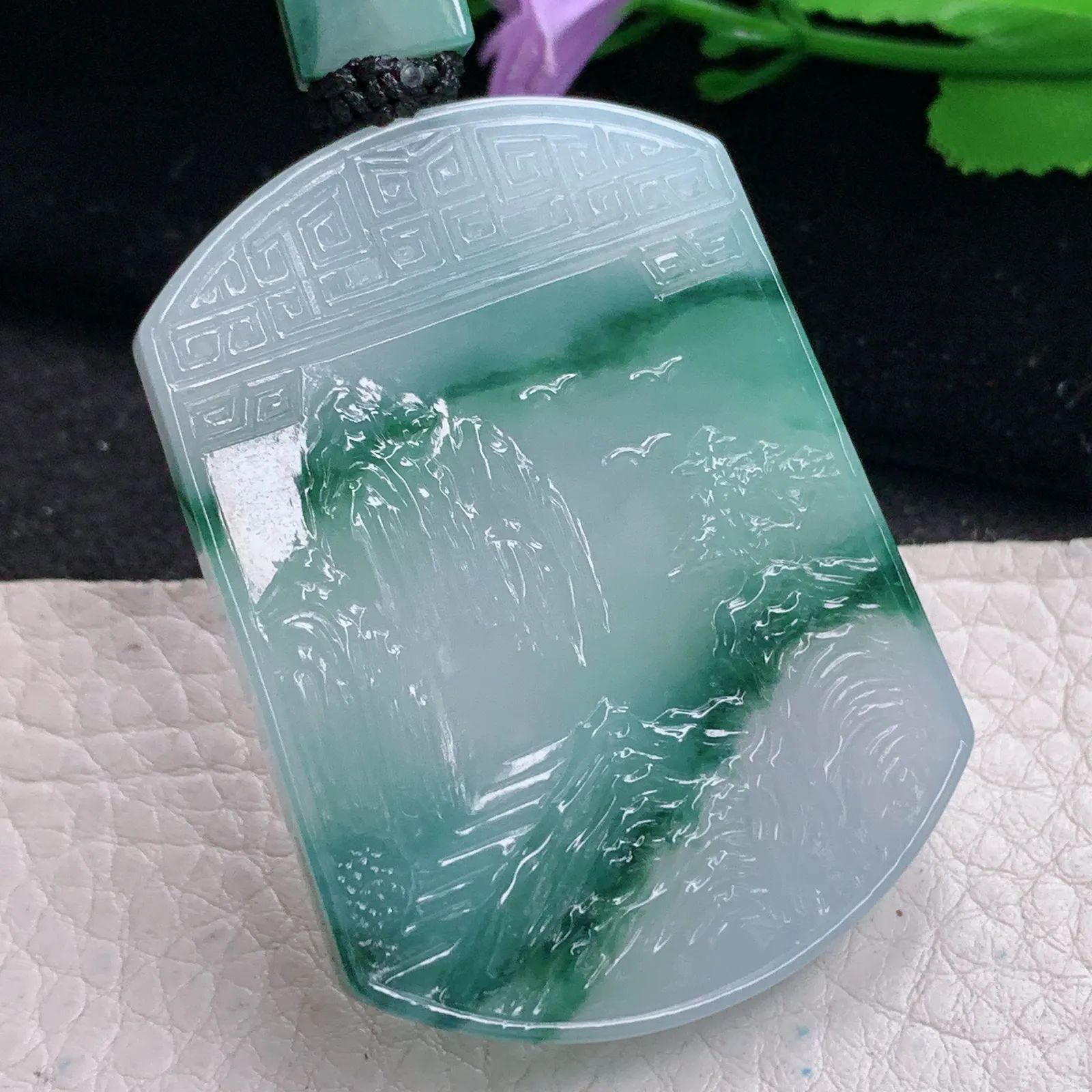 yl实拍1*37.8*5.6缅甸翡翠精雕冰飘花山水 大好河山玉吊坠 玉挂坠