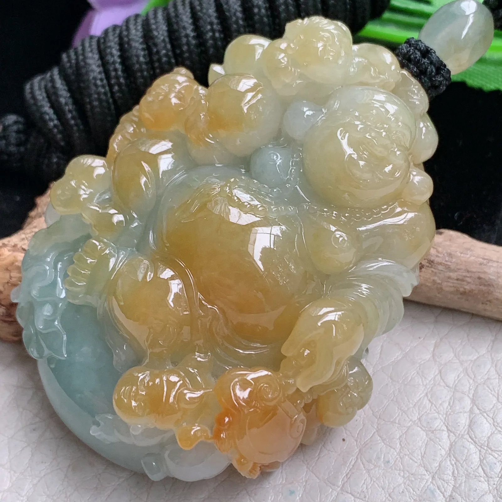 yl实拍60.8*47*19.5缅甸翡翠精雕冰双彩逍遥佛 福上加福玉吊坠 玉挂坠