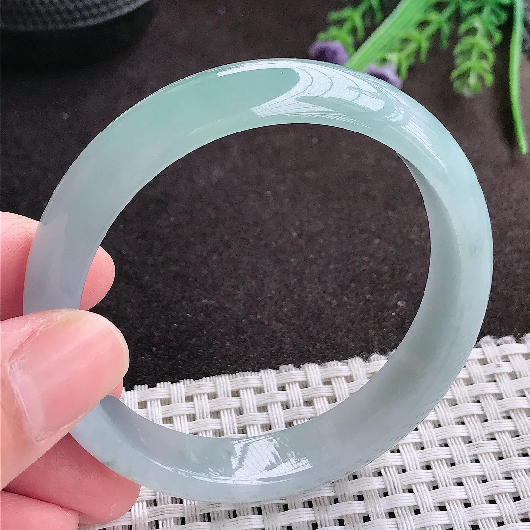 实拍A货翡翠57/12.8/7.3老坑冰胶果冻冰晴天空蓝手镯宽边翡翠玉镯女款