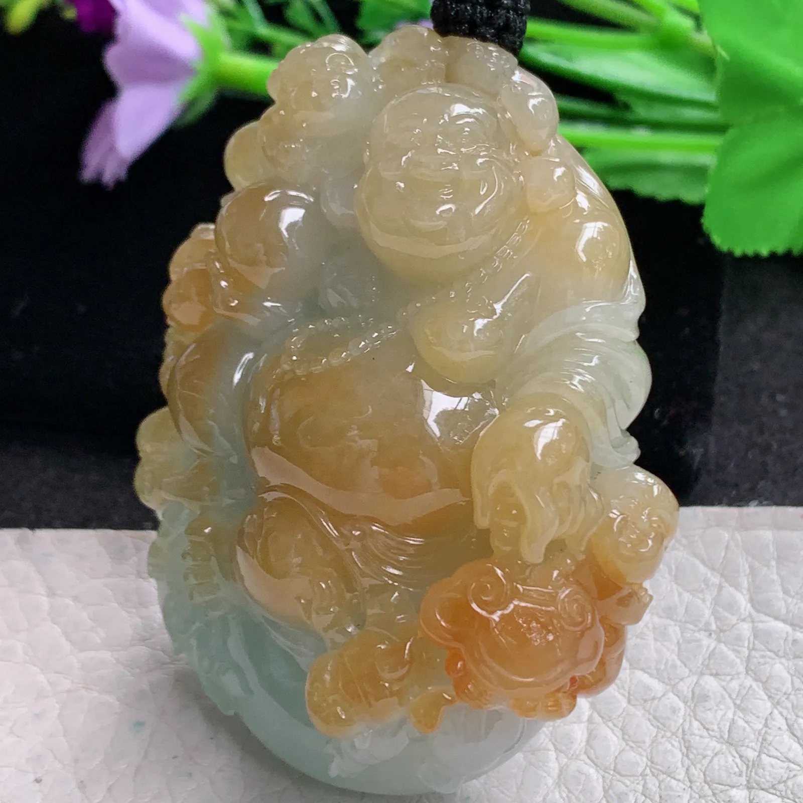 yl实拍60.8*47*19.5缅甸翡翠精雕冰双彩逍遥佛 福上加福玉吊坠 玉挂坠