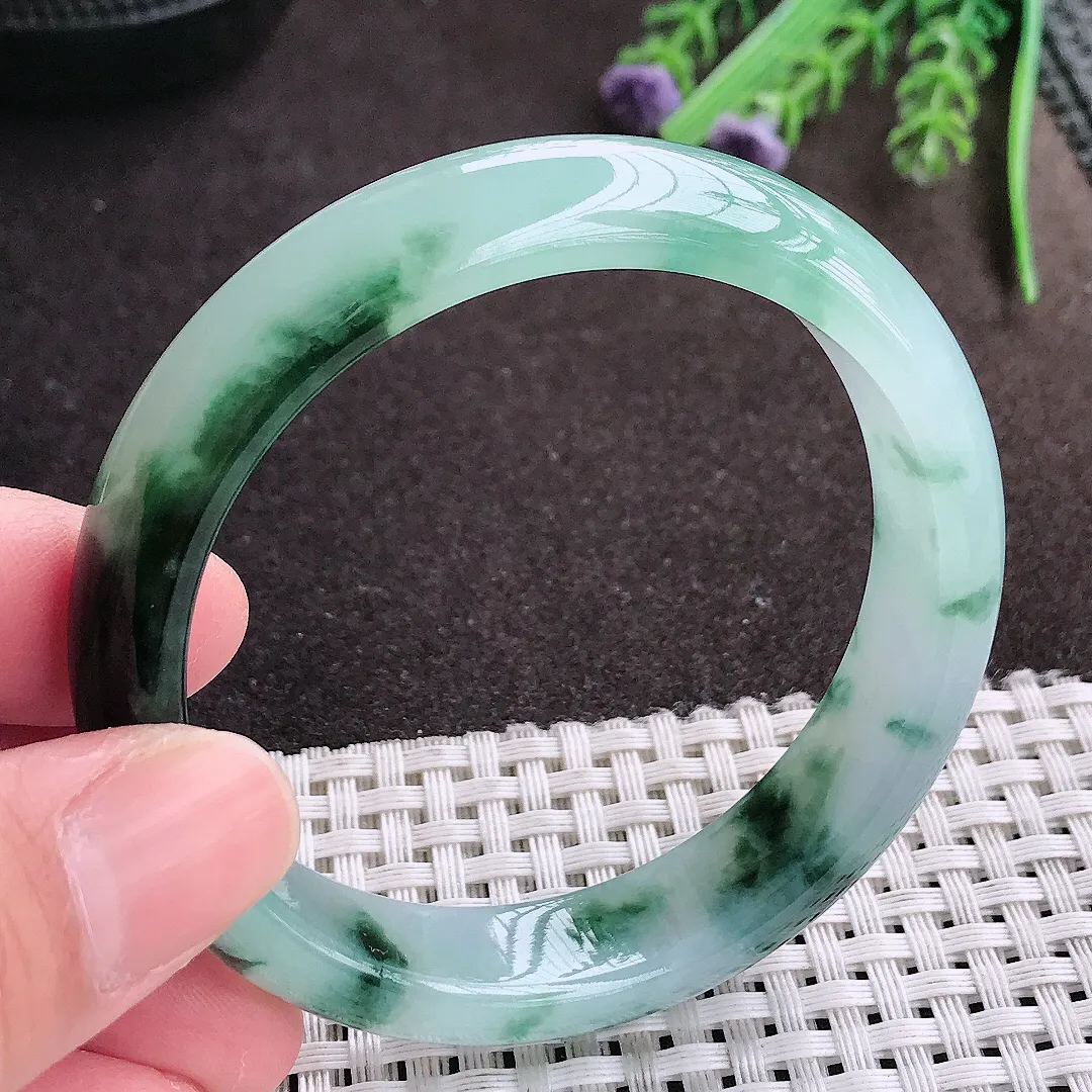 实拍A货翡翠54.8/12.6/7.6老坑精美冰胶飘花手镯宽边翡翠玉镯女款