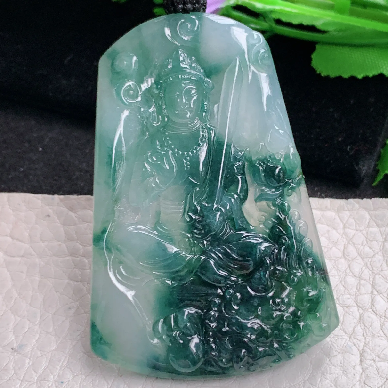 yl实拍63.5*42.8*6缅甸翡翠精雕文殊菩萨 生肖守护神玉吊坠 玉挂坠