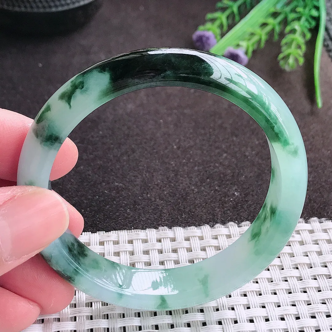 实拍A货翡翠54.8/12.6/7.6老坑精美冰胶飘花手镯宽边翡翠玉镯女款