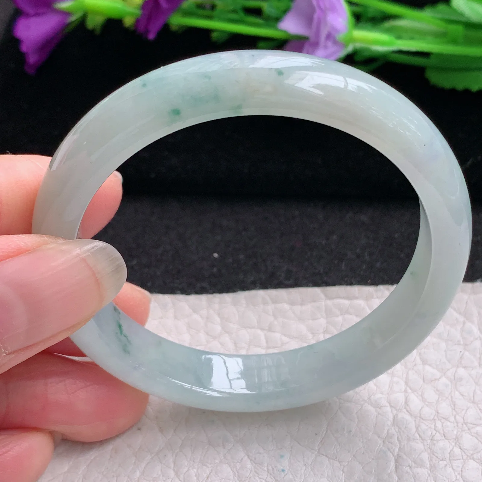 xx小圈口51*10.6*6.6平安镯 缅甸翡翠精美冰飘花宽边玉手镯 玉手环