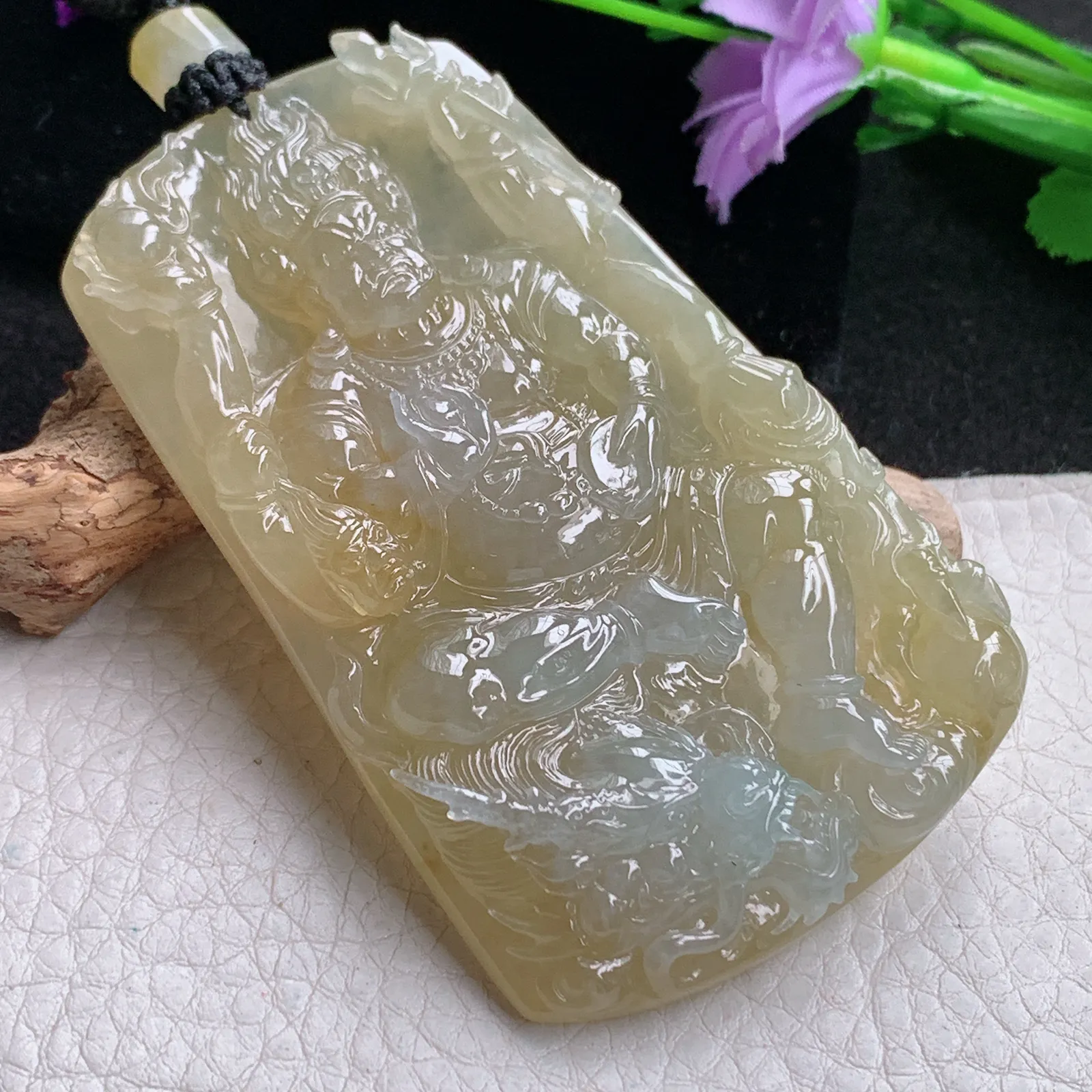 yl实拍75.5*45.5*10.8缅甸翡翠精雕冰黄黄财神玉吊坠 玉挂坠