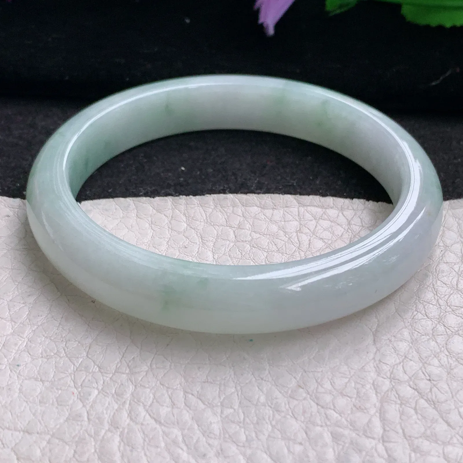 xx实拍55*10*7.4平安镯 缅甸翡翠精美冰飘花宽边玉手镯 玉手环