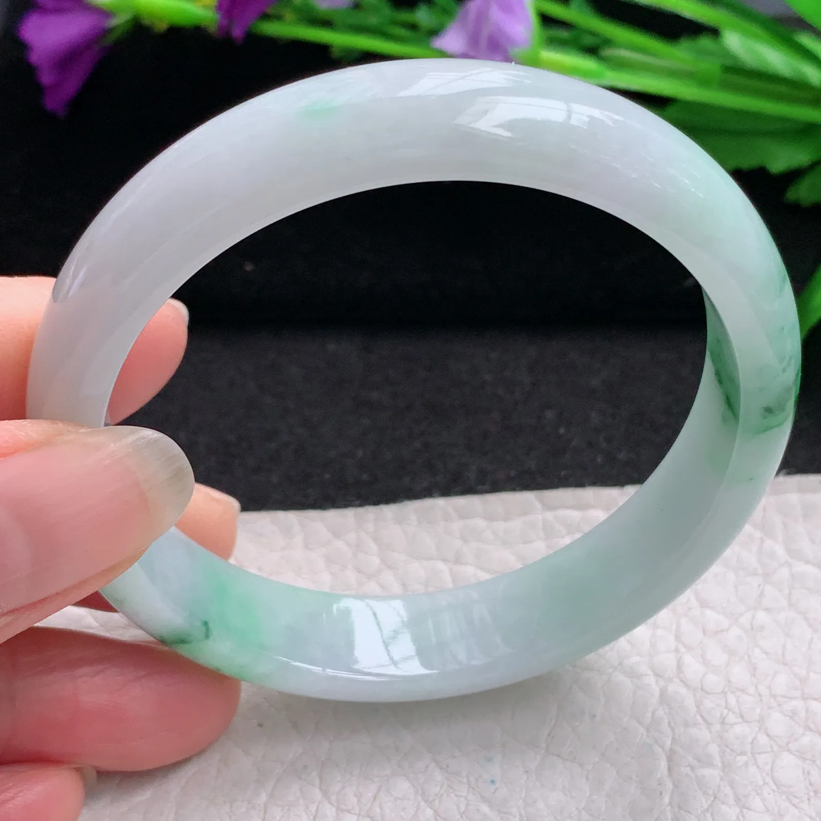 hy实拍57*12.6*7平安镯 缅甸翡翠精美冰飘花宽边玉手镯 玉手环