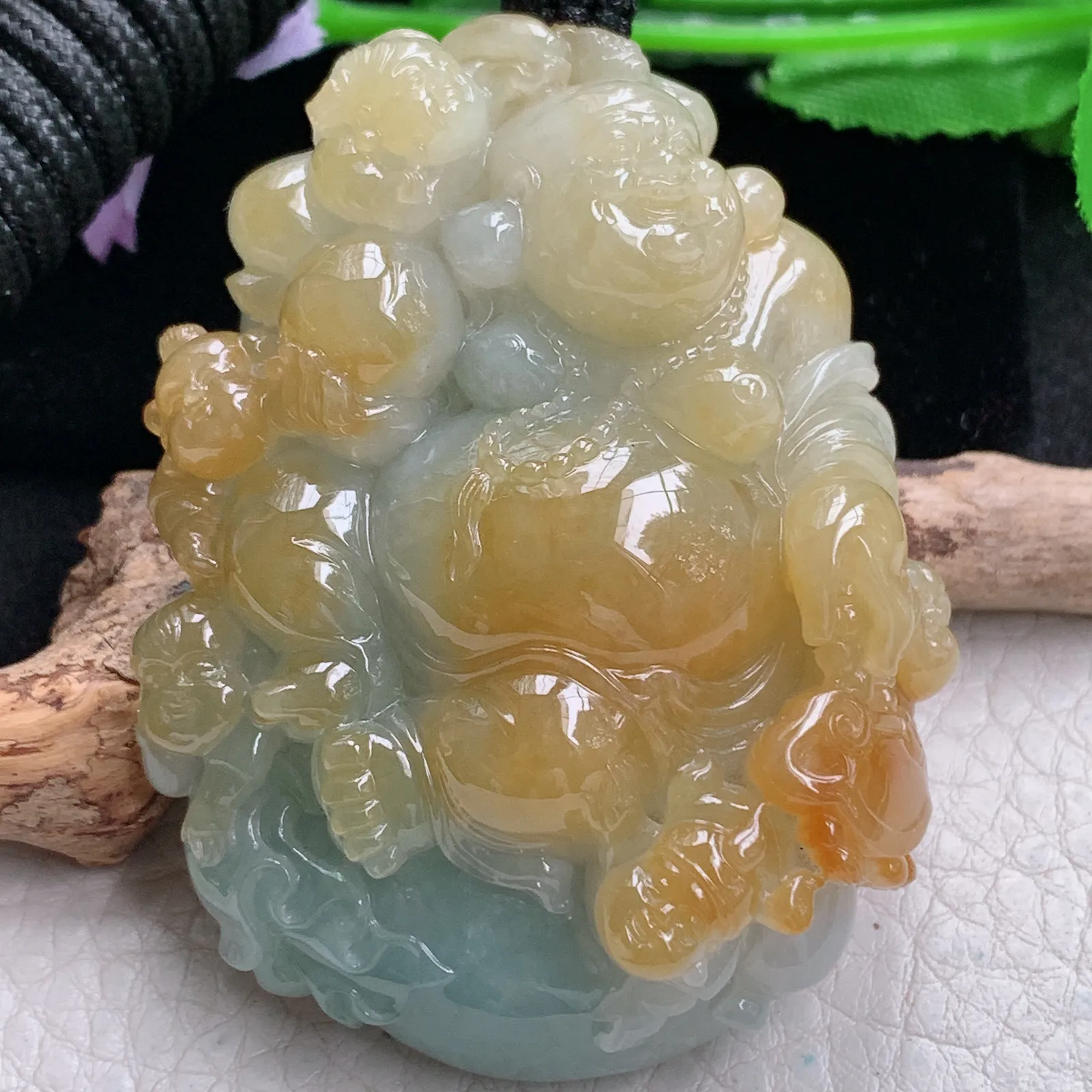 yl实拍60.8*47*19.5缅甸翡翠精雕冰双彩逍遥佛 福上加福玉吊坠 玉挂坠