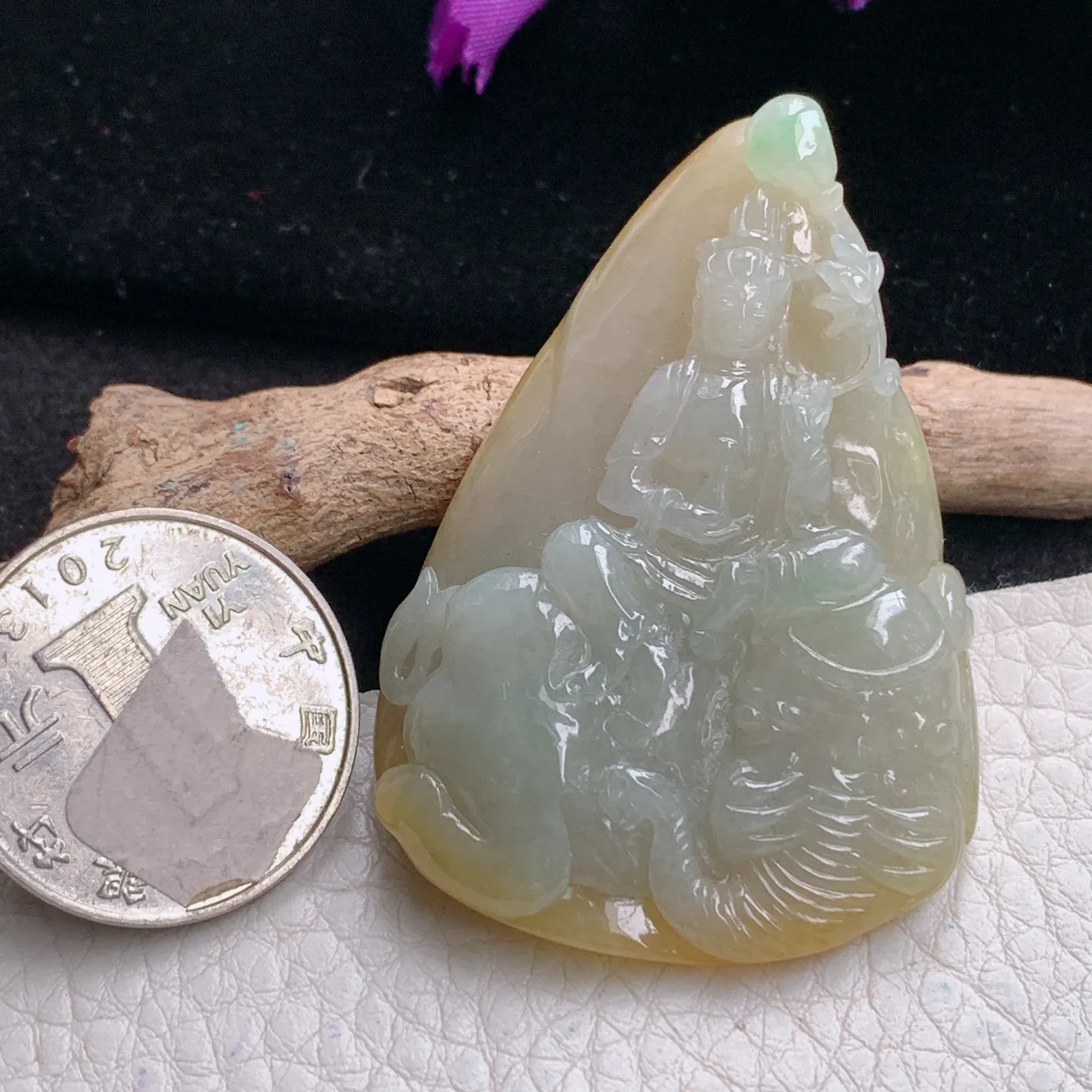 yl实拍75.5*45.5*10.8缅甸翡翠精雕冰黄黄财神玉吊坠 玉挂坠