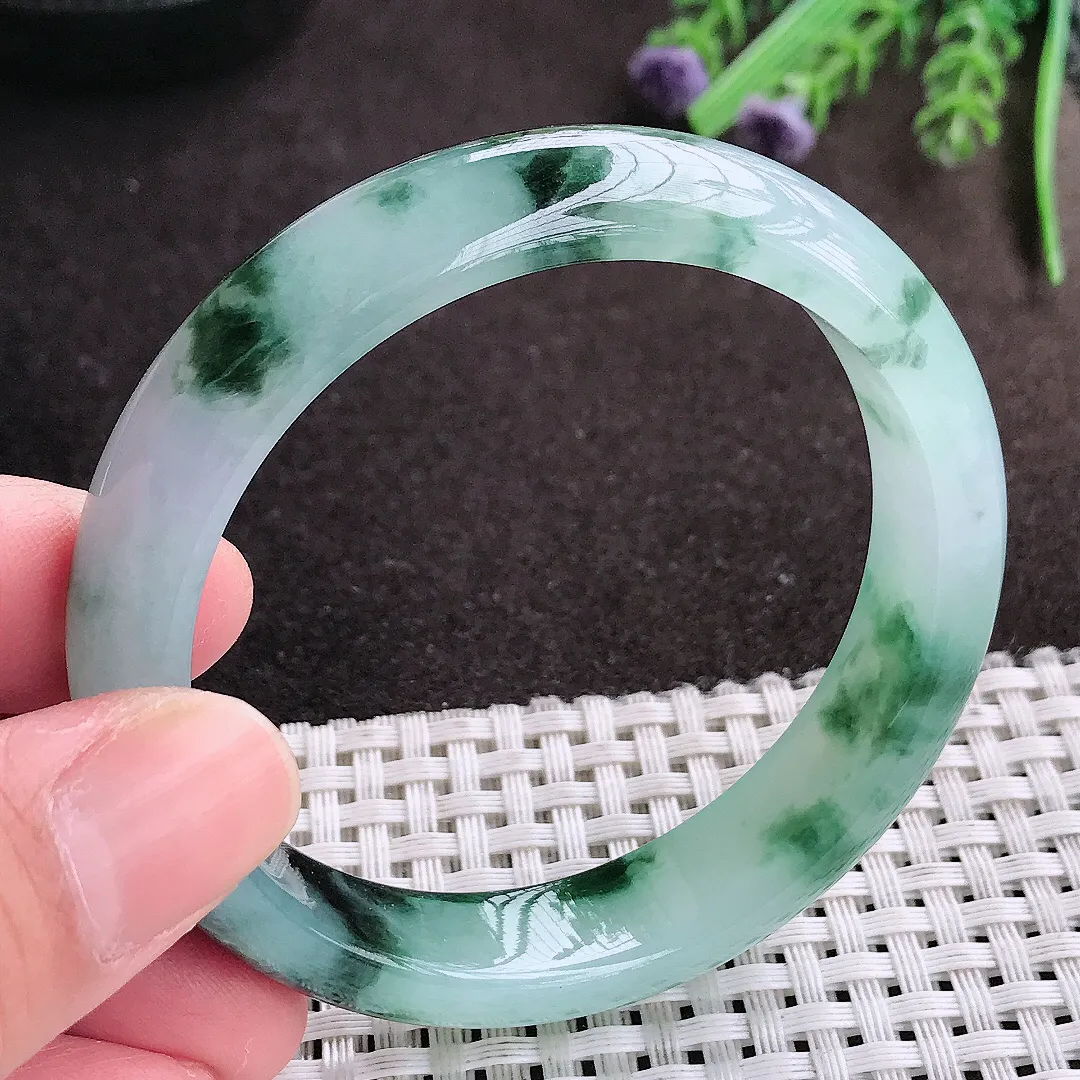 实拍A货翡翠54.8/12.6/7.6老坑精美冰胶飘花手镯宽边翡翠玉镯女款