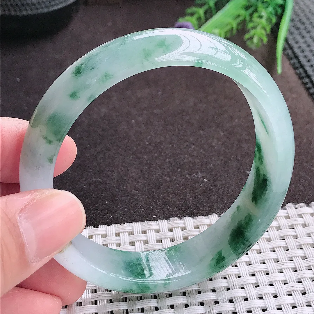 实拍A货翡翠58.8/15.8/7.3轮胎镯老坑冰胶水灵飘花手镯宽边翡翠玉镯女款