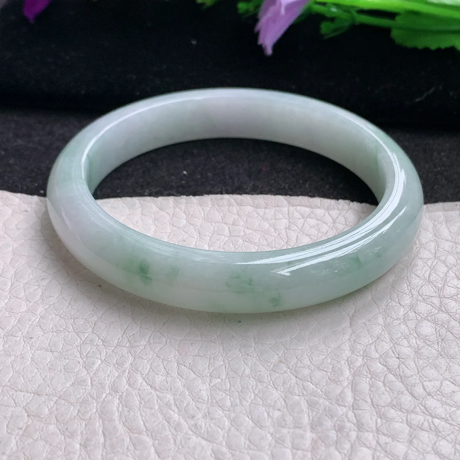 xx实拍55*10*7.4平安镯 缅甸翡翠精美冰飘花宽边玉手镯 玉手环