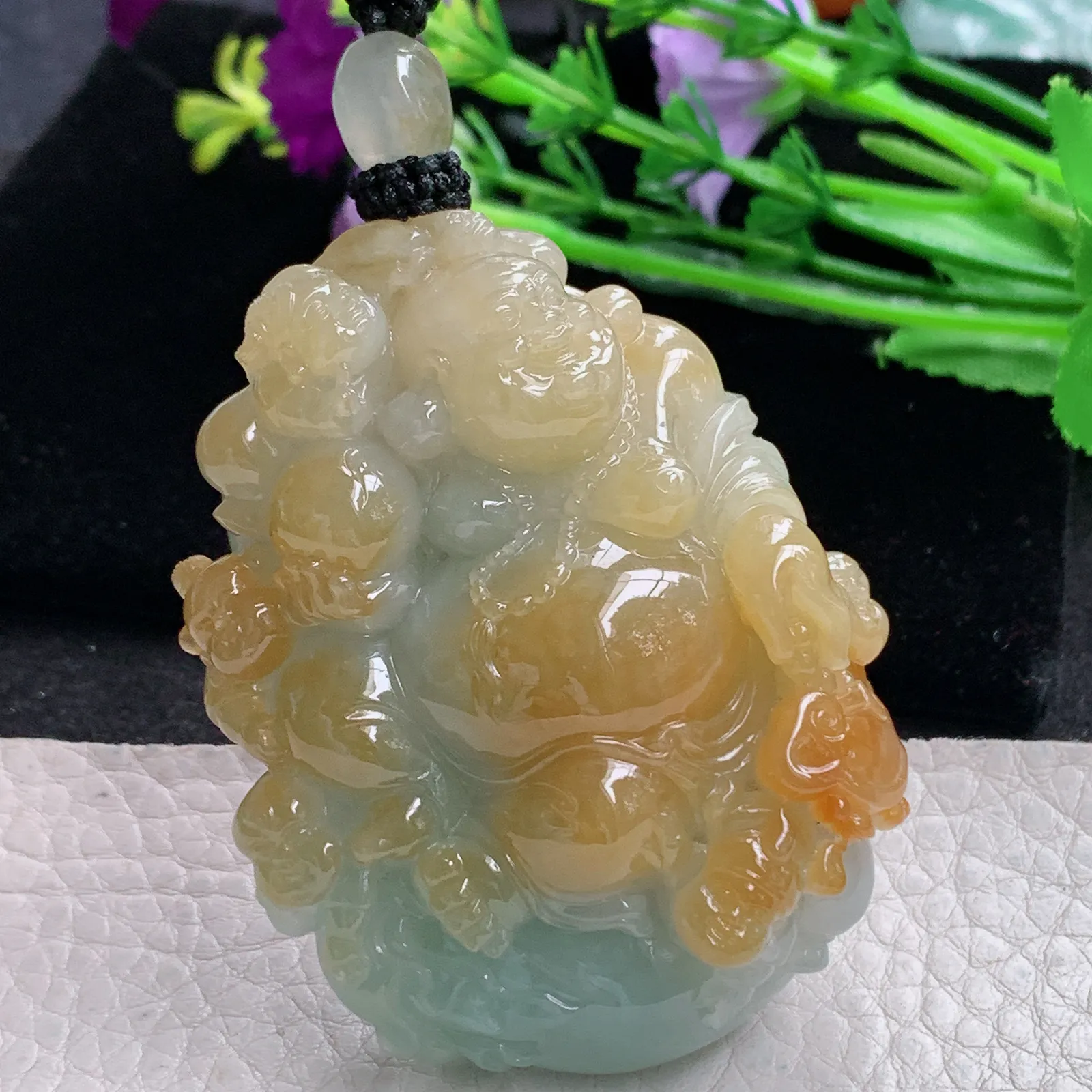 yl实拍60.8*47*19.5缅甸翡翠精雕冰双彩逍遥佛 福上加福玉吊坠 玉挂坠