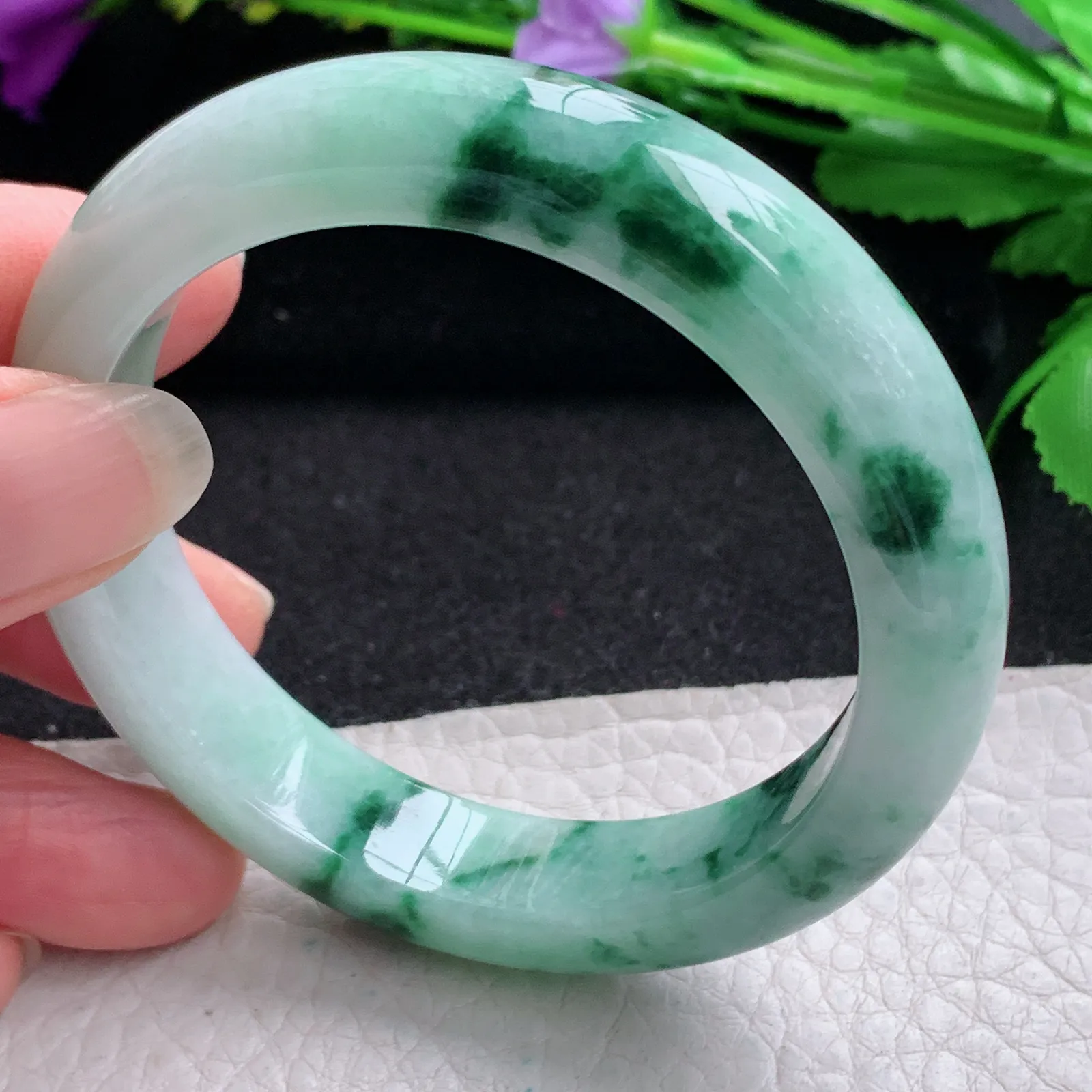 hy实拍53.8*12.5*8.5平安镯 缅甸翡翠精美飘花宽边玉手镯 玉手环