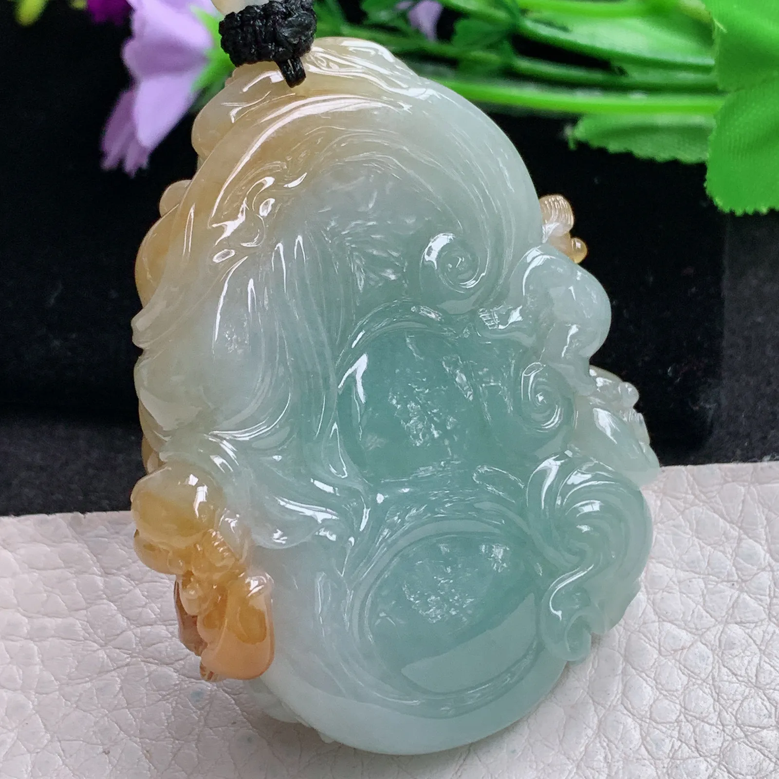 yl实拍60.8*47*19.5缅甸翡翠精雕冰双彩逍遥佛 福上加福玉吊坠 玉挂坠