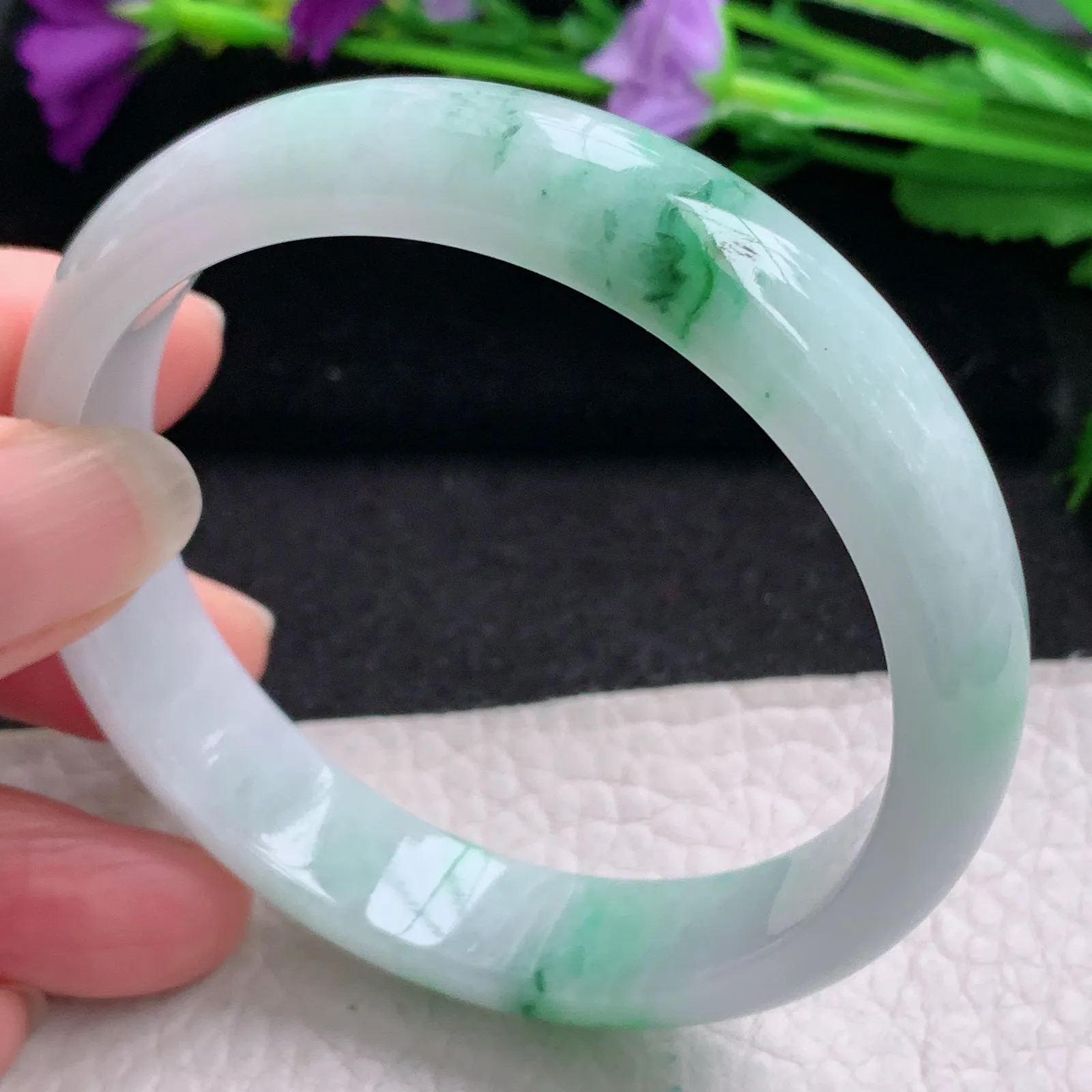 hy实拍57*12.6*7平安镯 缅甸翡翠精美冰飘花宽边玉手镯 玉手环