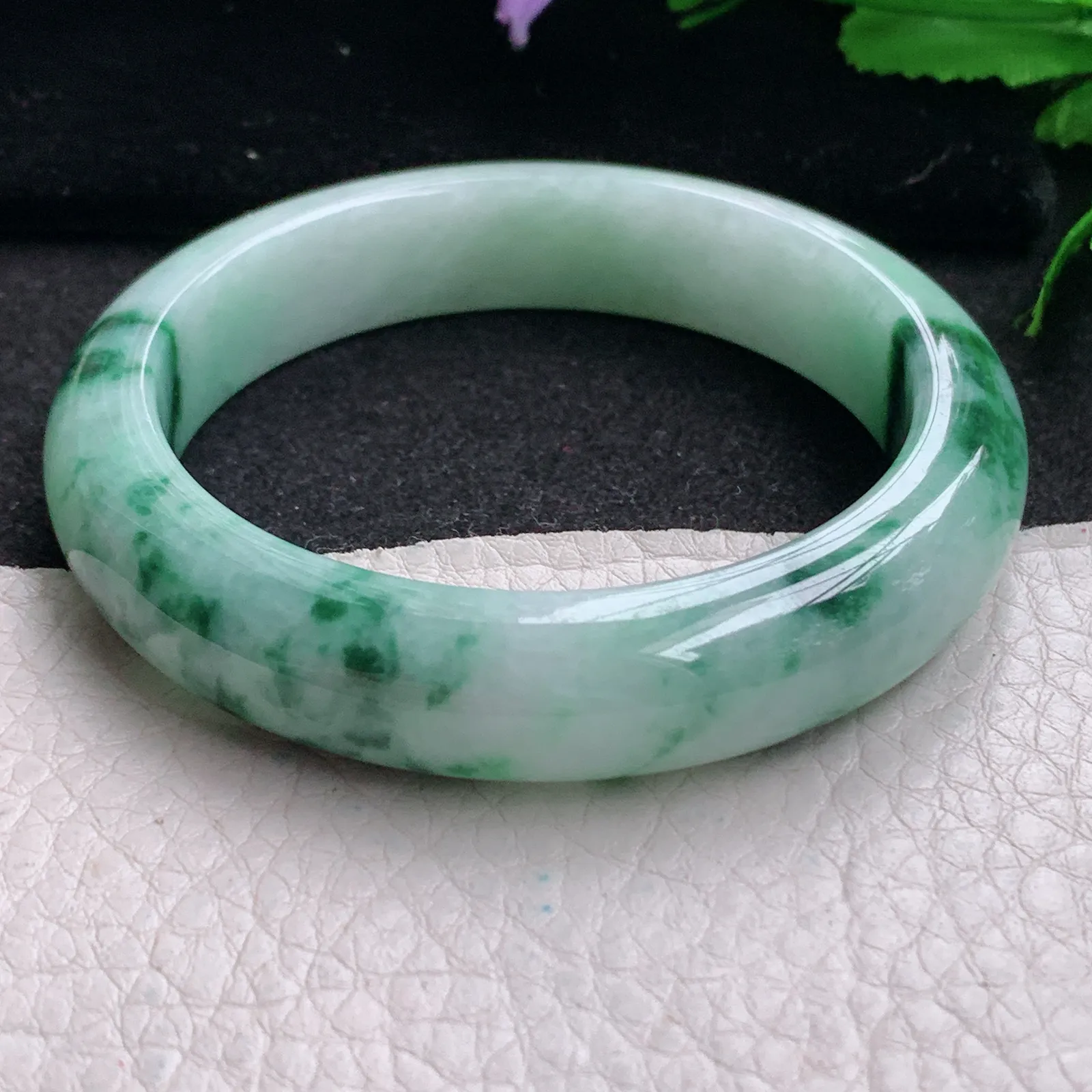 hy实拍53.8*12.5*8.5平安镯 缅甸翡翠精美飘花宽边玉手镯 玉手环