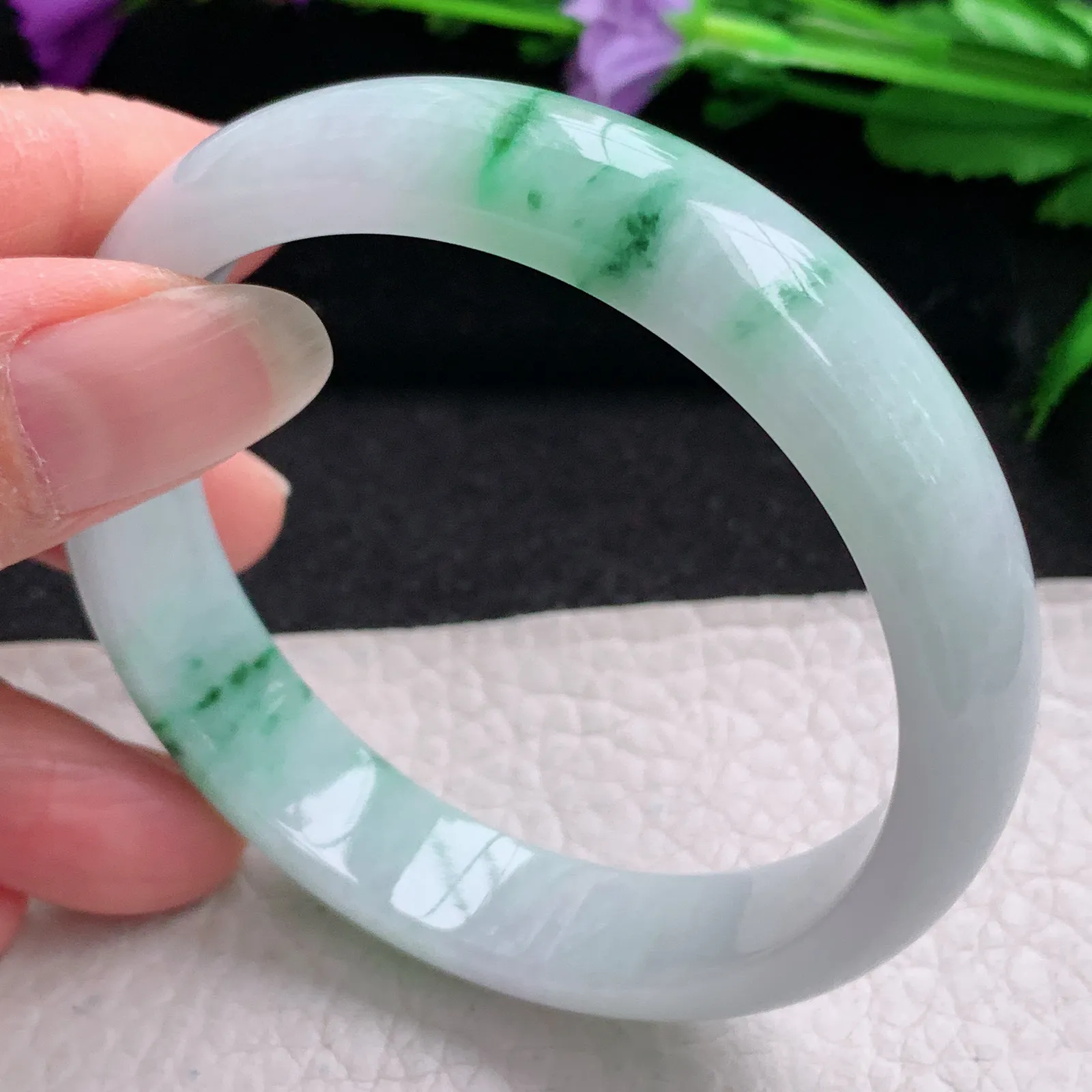 hy实拍57*12.6*7平安镯 缅甸翡翠精美冰飘花宽边玉手镯 玉手环