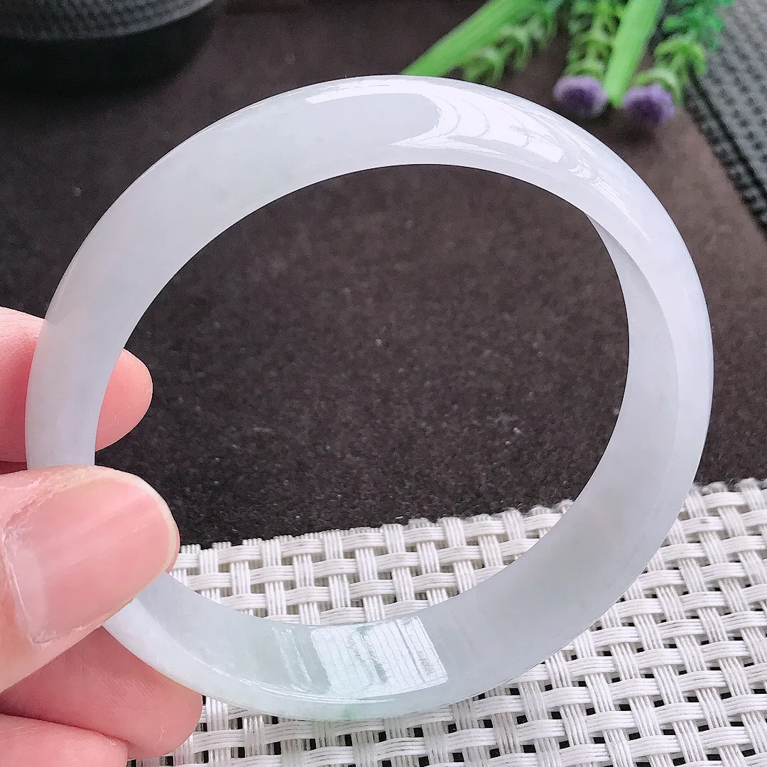 实拍A货翡翠62.5/14.9/6大圈口老坑冰润起胶飘花手镯宽边翡翠玉镯女款