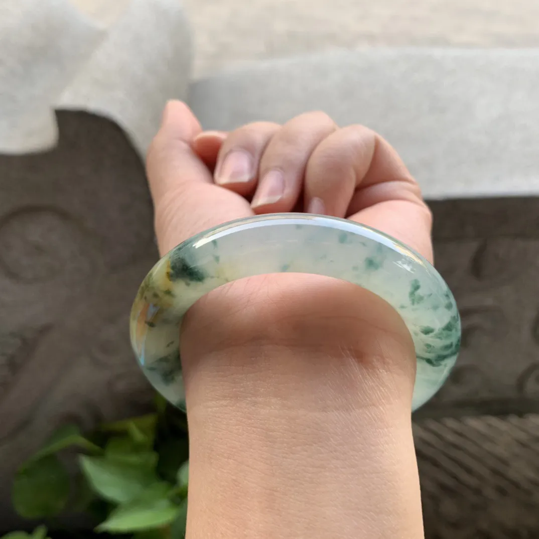 小圈口51.7-11.6 【冰飘花黄翡圆条手镯】圆条51 52可戴