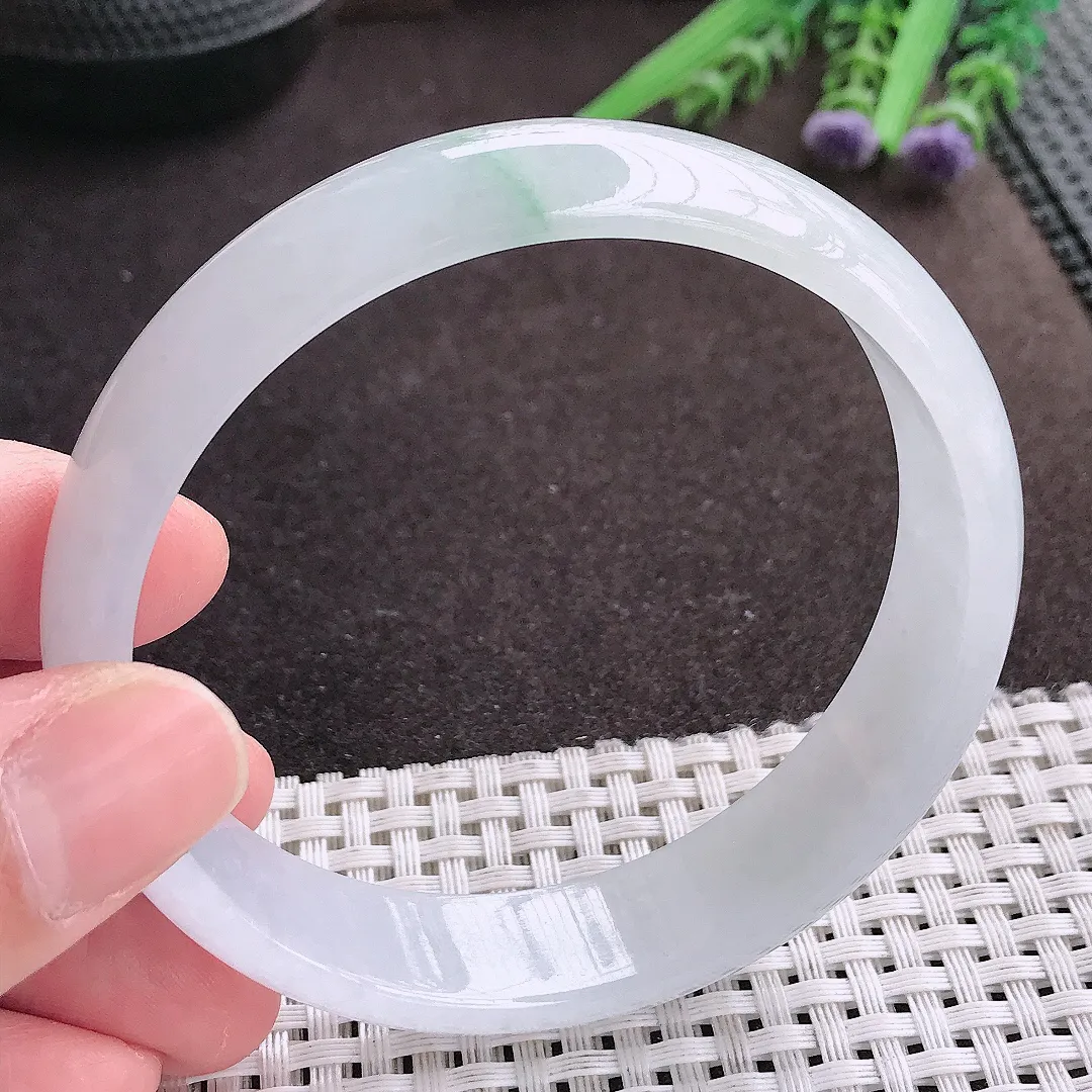 实拍A货翡翠62.5/14.9/6大圈口老坑冰润起胶飘花手镯宽边翡翠玉镯女款