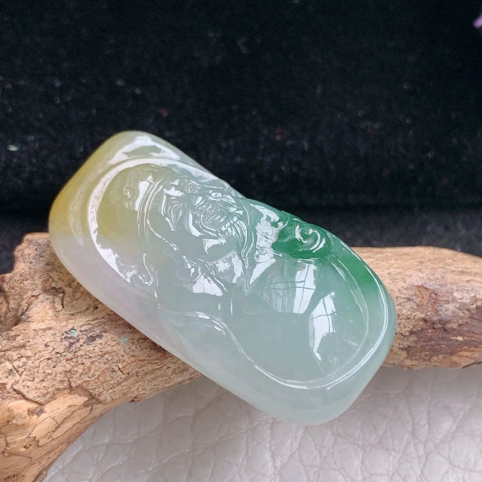 lz实拍32.2*16*6.5缅甸翡翠精雕冰三彩财神 财爷玉吊坠 玉挂坠