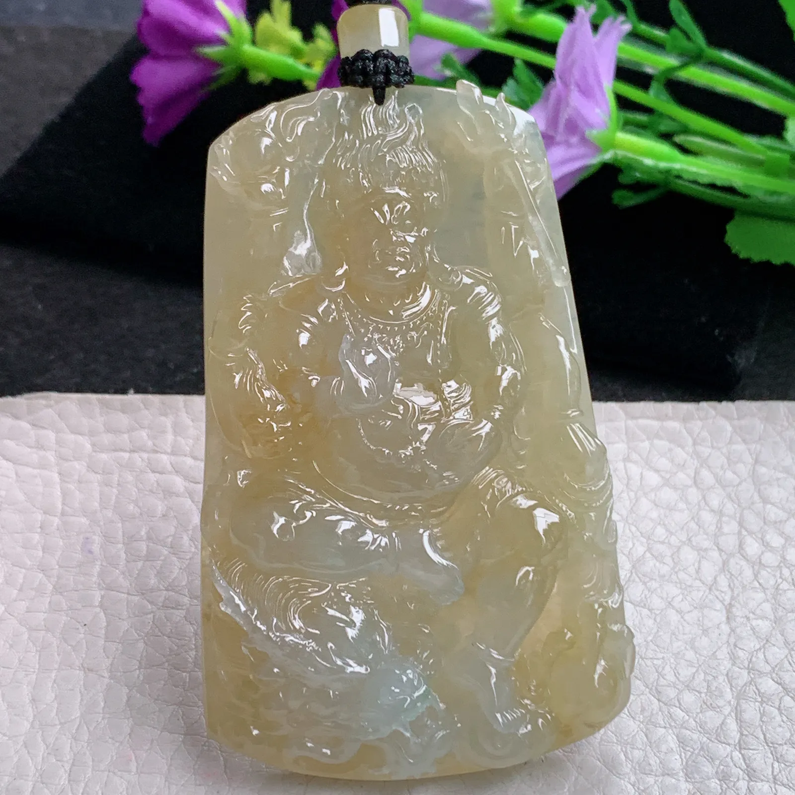 yl实拍75.5*45.5*10.8缅甸翡翠精雕冰黄黄财神玉吊坠 玉挂坠