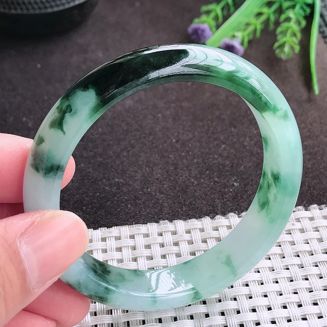 实拍A货翡翠54.8/12.6/7.6老坑精美冰胶飘花手镯宽边翡翠玉镯女款