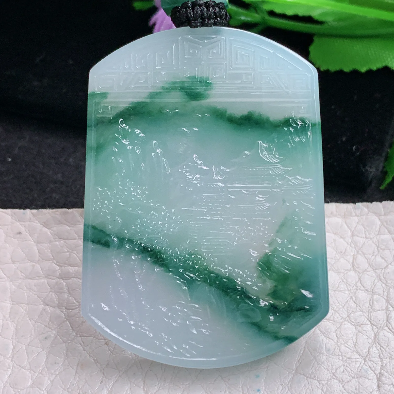 yl实拍1*37.8*5.6缅甸翡翠精雕冰飘花山水 大好河山玉吊坠 玉挂坠