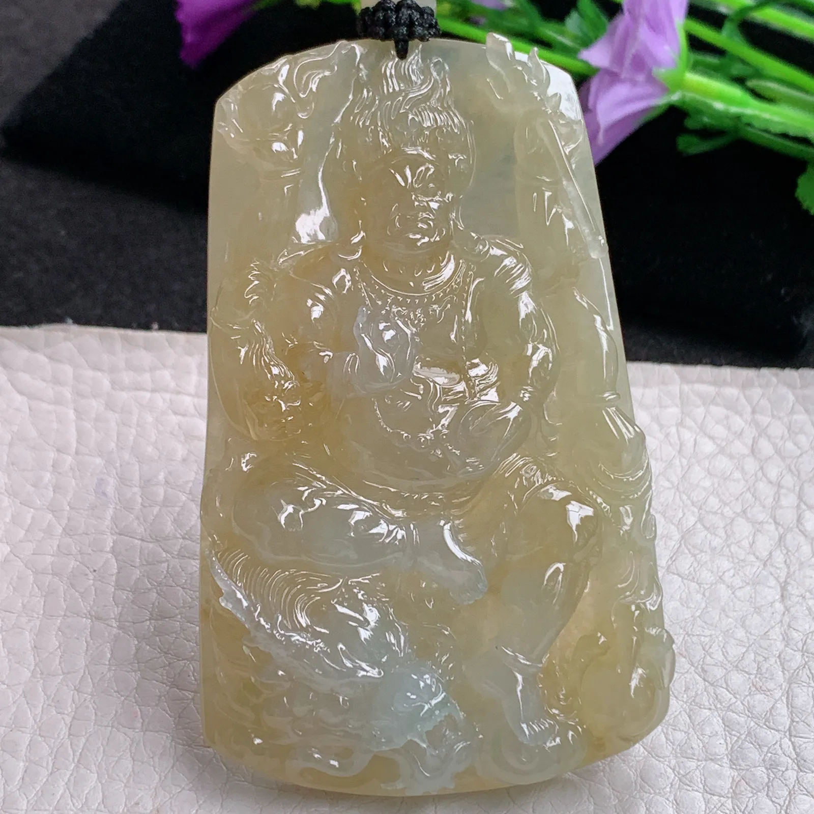 yl实拍75.5*45.5*10.8缅甸翡翠精雕冰黄黄财神玉吊坠 玉挂坠
