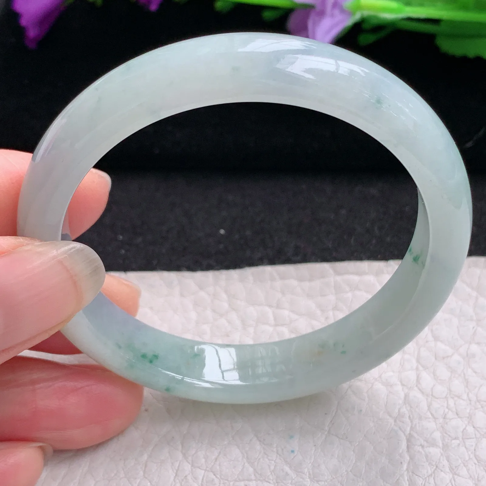 xx小圈口51*10.6*6.6平安镯 缅甸翡翠精美冰飘花宽边玉手镯 玉手环