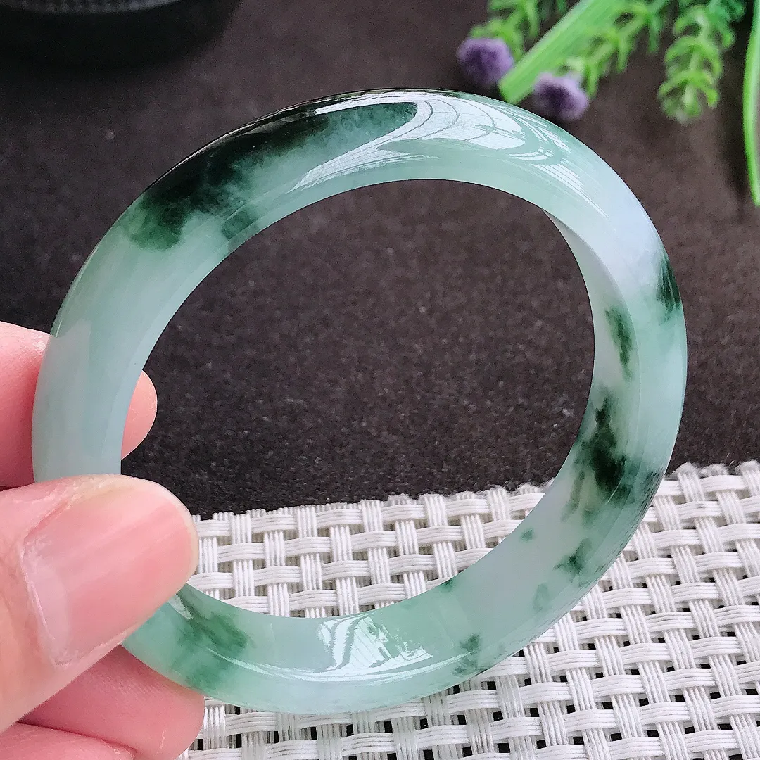 实拍A货翡翠54.8/12.6/7.6老坑精美冰胶飘花手镯宽边翡翠玉镯女款