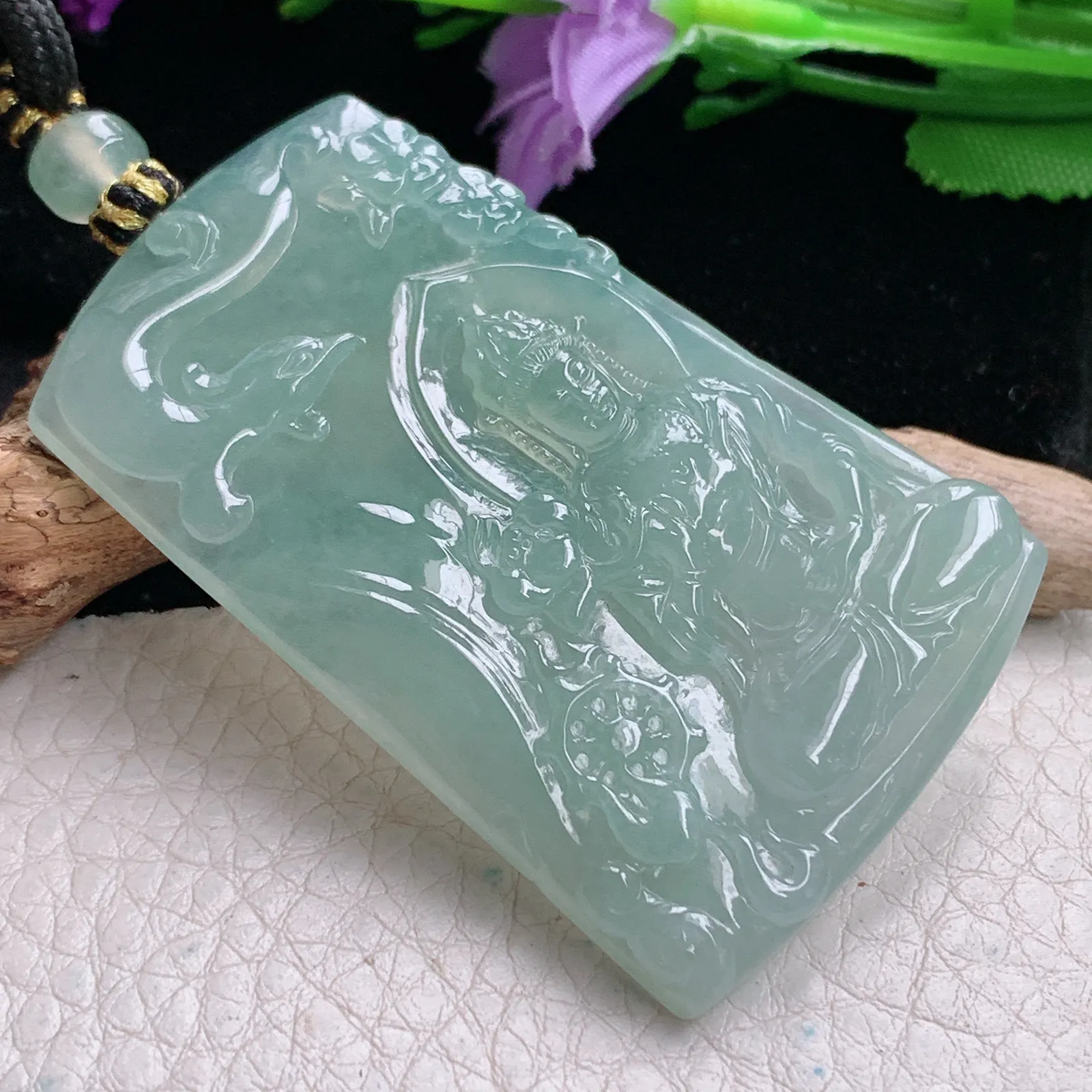 yl实拍56.8*36.5*5.5缅甸翡翠精雕持莲观音 御凤观音玉吊坠 玉挂坠