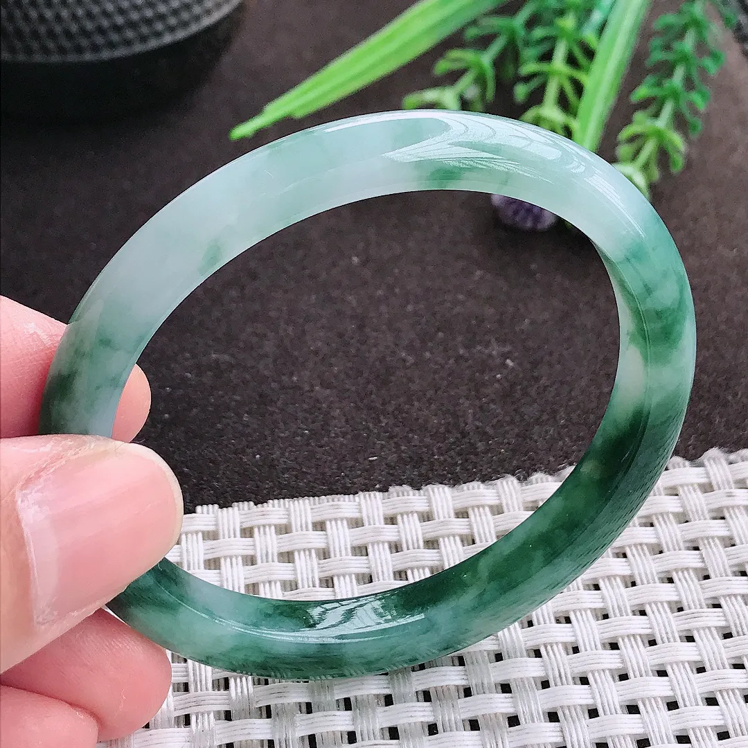 实拍A货翡翠53/46/8/6.8老坑冰润起胶飘花贵妃手镯宽边翡翠玉镯女款
