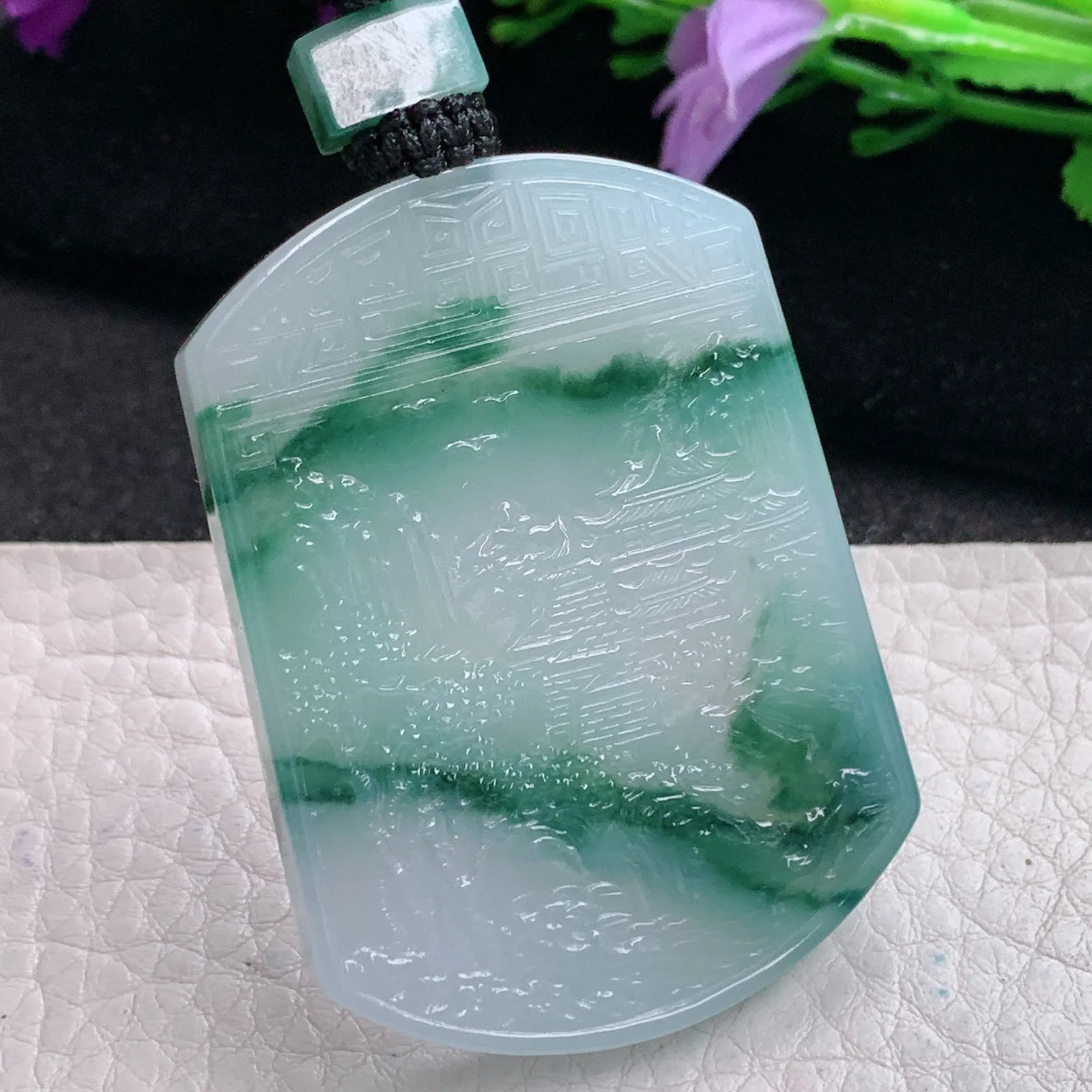 yl实拍1*37.8*5.6缅甸翡翠精雕冰飘花山水 大好河山玉吊坠 玉挂坠