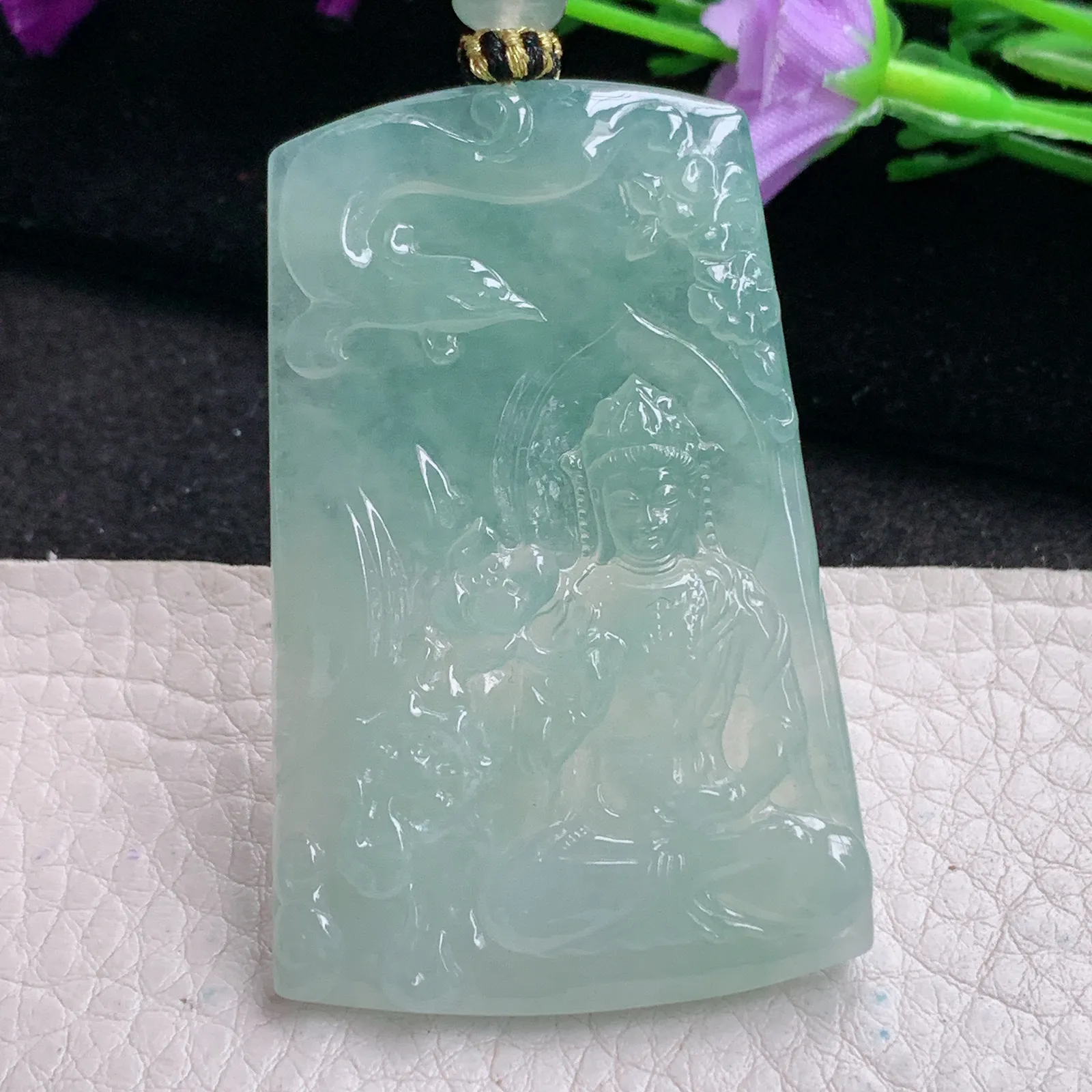 yl实拍56.8*36.5*5.5缅甸翡翠精雕持莲观音 御凤观音玉吊坠 玉挂坠