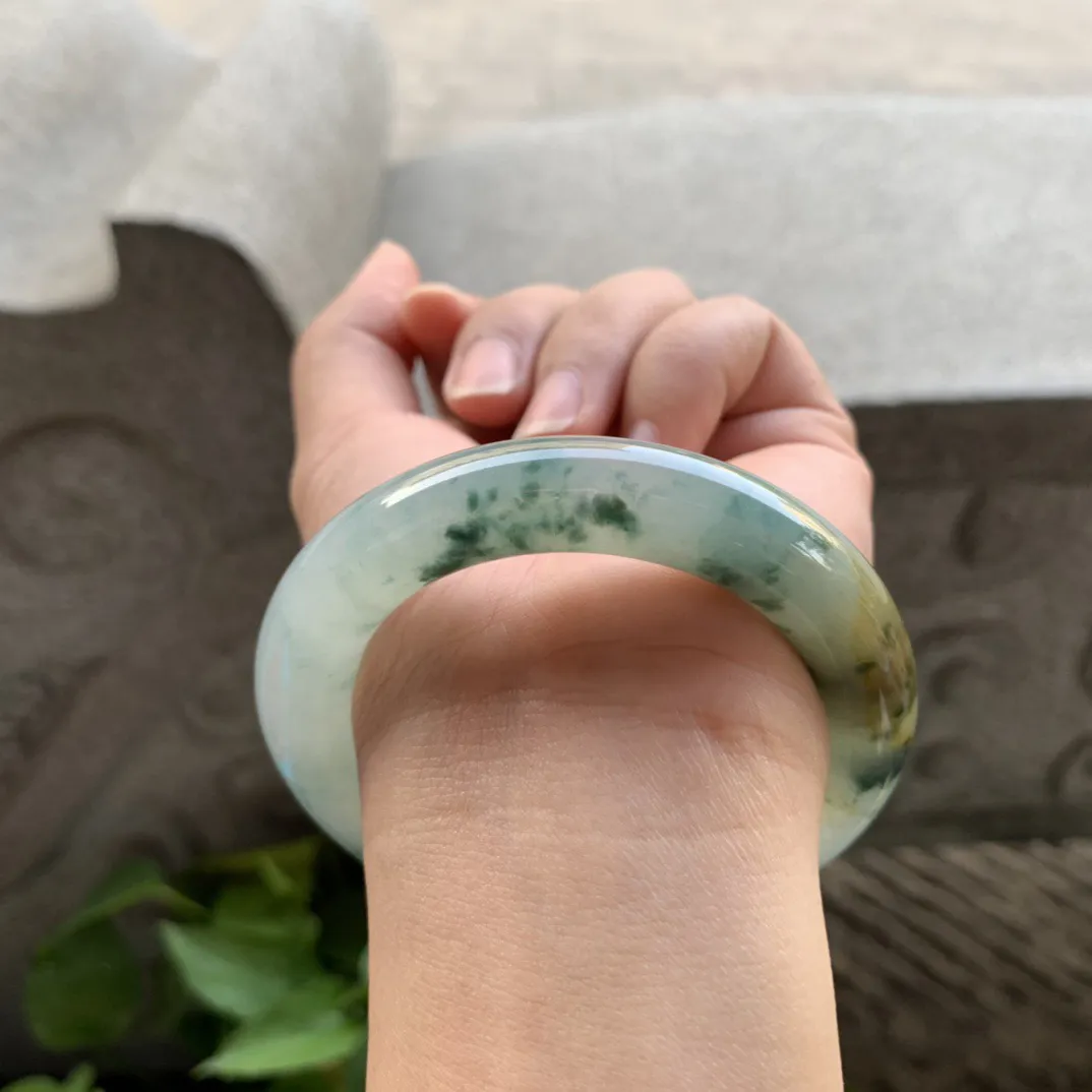 小圈口51.7-11.6 【冰飘花黄翡圆条手镯】圆条51 52可戴
