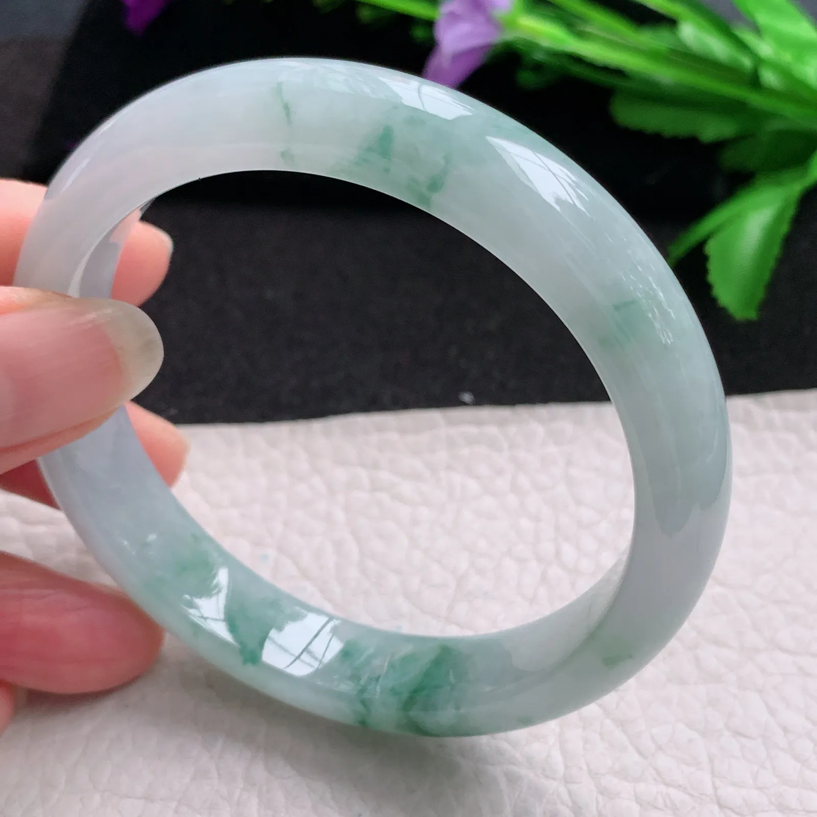 nr大圈口60*12.5*8平安镯 缅甸翡翠精美冰飘花宽边玉手镯 玉手环