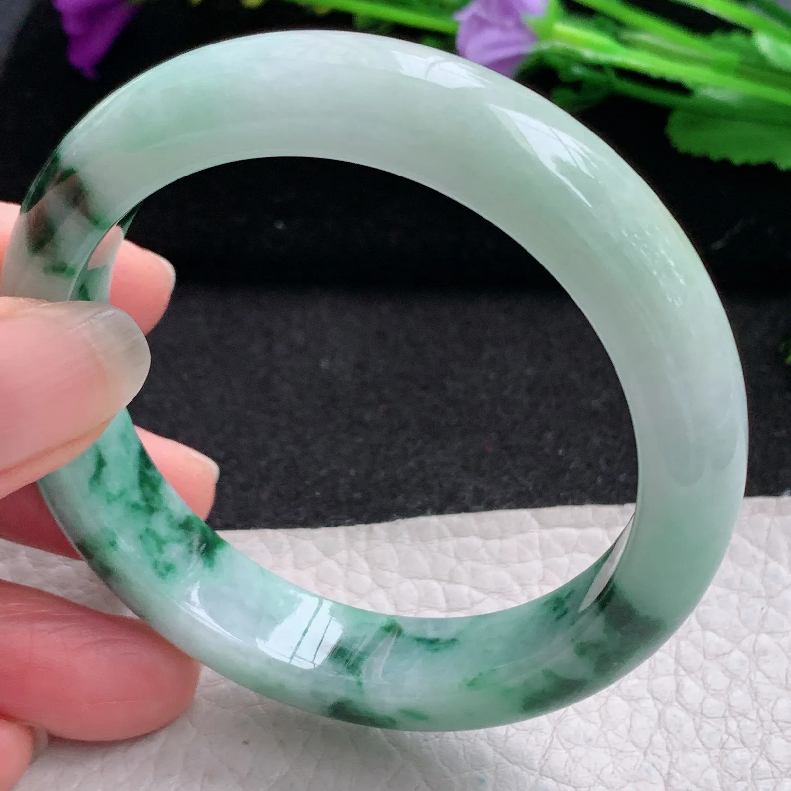 hy实拍53.8*12.5*8.5平安镯 缅甸翡翠精美飘花宽边玉手镯 玉手环