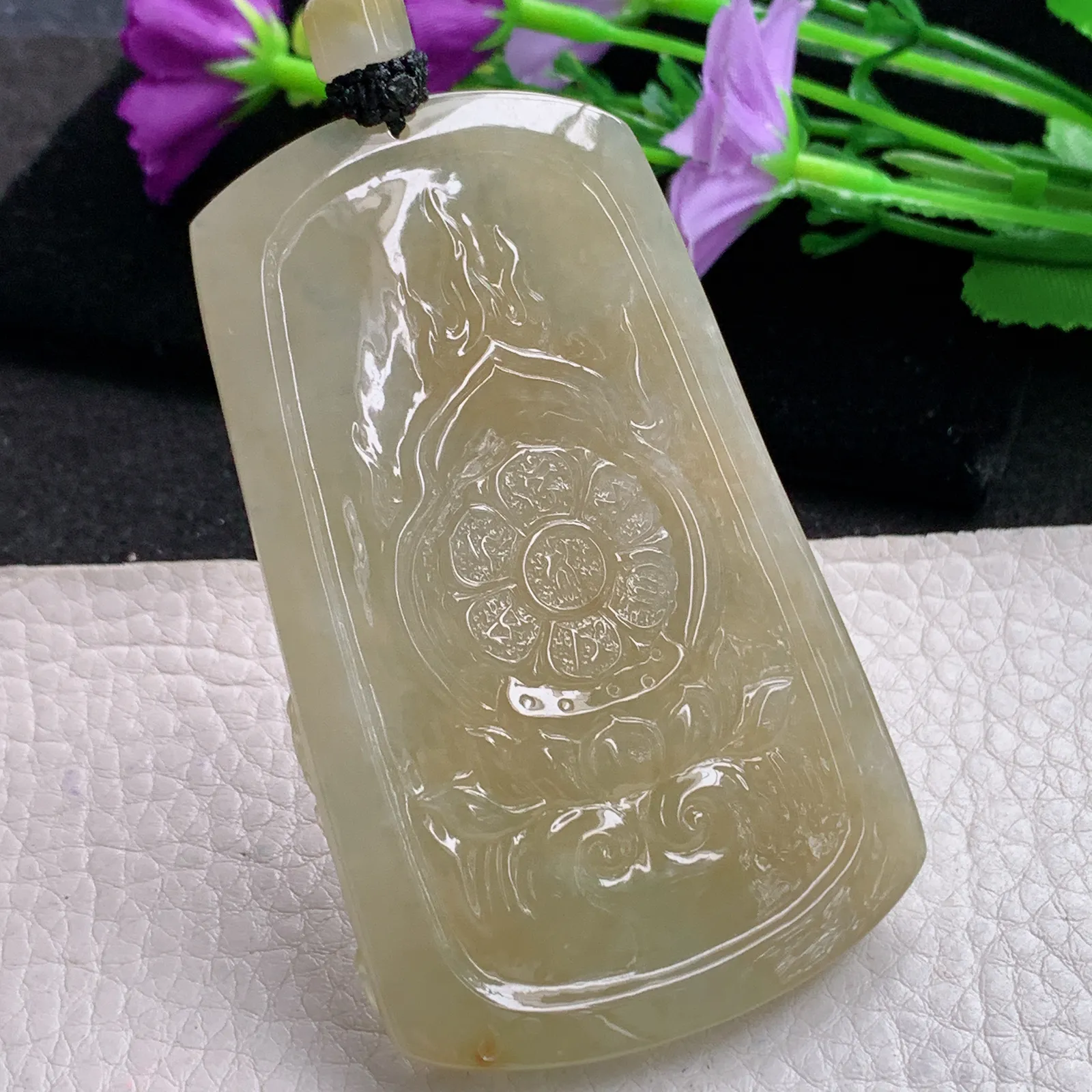 yl实拍75.5*45.5*10.8缅甸翡翠精雕冰黄黄财神玉吊坠 玉挂坠