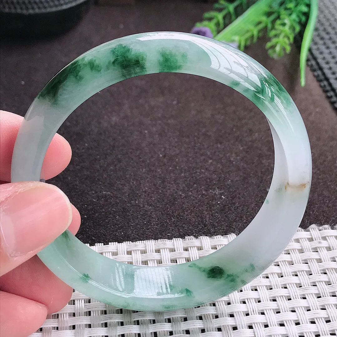 实拍A货翡翠58.8/15.8/7.3轮胎镯老坑冰胶水灵飘花手镯宽边翡翠玉镯女款