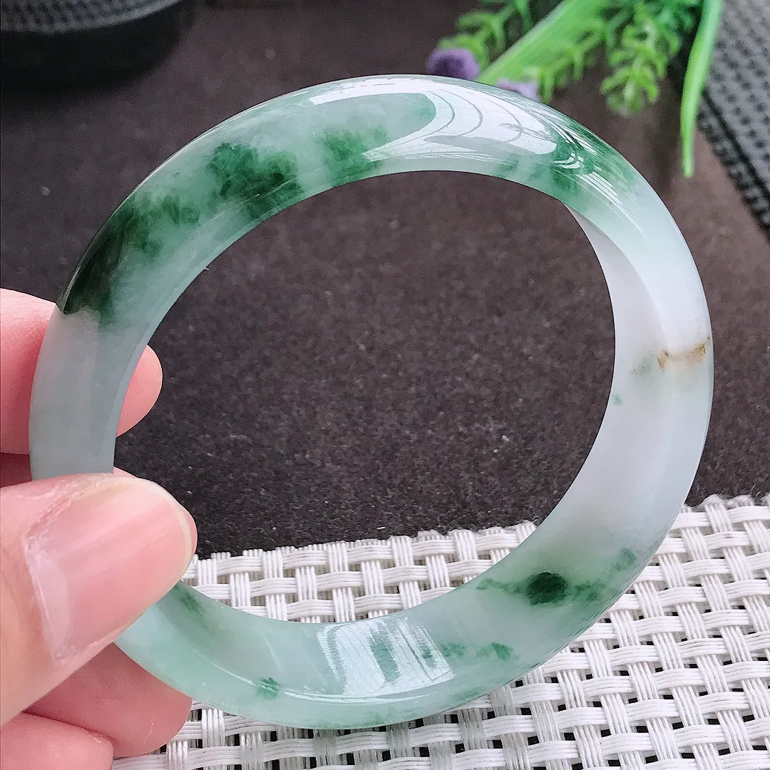 实拍A货翡翠58.8/15.8/7.3轮胎镯老坑冰胶水灵飘花手镯宽边翡翠玉镯女款