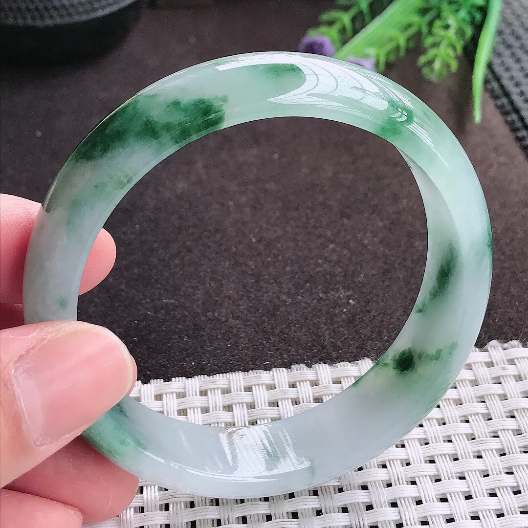 实拍A货翡翠58.8/15.8/7.3轮胎镯老坑冰胶水灵飘花手镯宽边翡翠玉镯女款