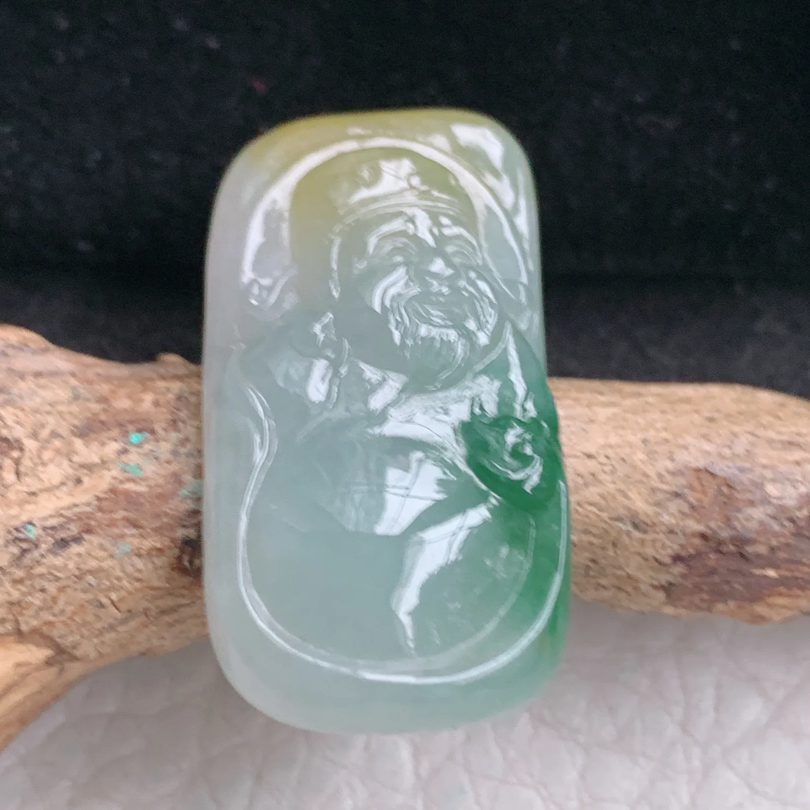 lz实拍32.2*16*6.5缅甸翡翠精雕冰三彩财神 财爷玉吊坠 玉挂坠