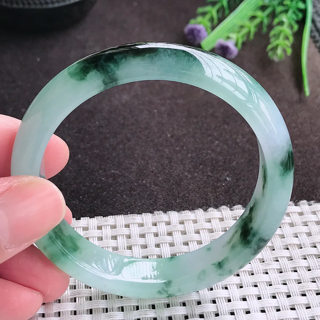 实拍A货翡翠54.8/12.6/7.6老坑精美冰胶飘花手镯宽边翡翠玉镯女款