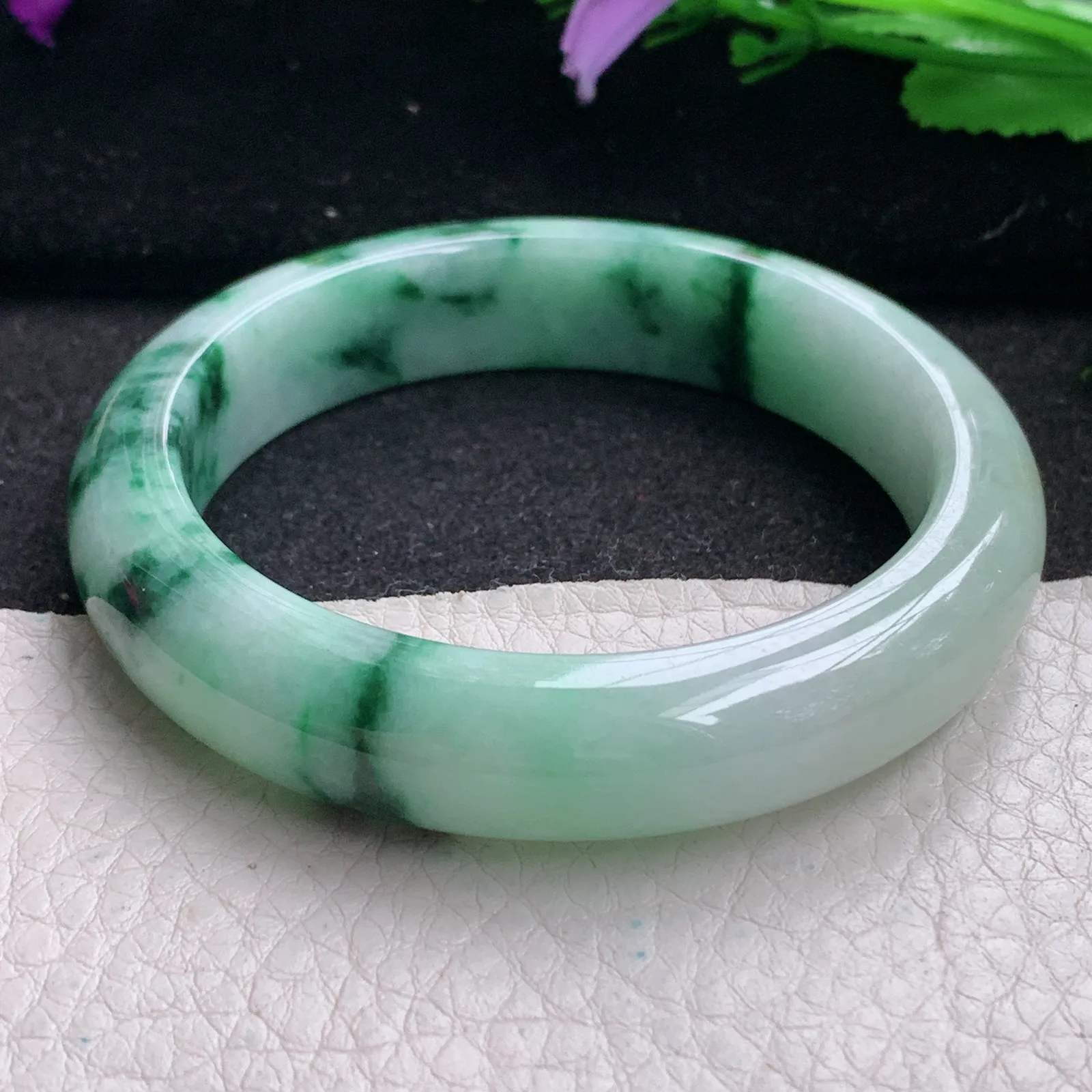 hy实拍53.8*12.5*8.5平安镯 缅甸翡翠精美飘花宽边玉手镯 玉手环