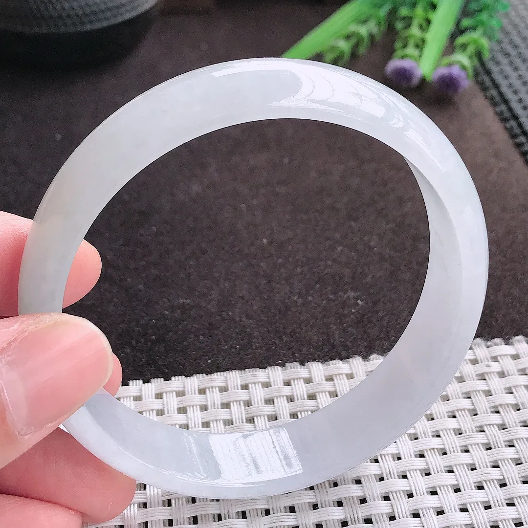 实拍A货翡翠62.5/14.9/6大圈口老坑冰润起胶飘花手镯宽边翡翠玉镯女款